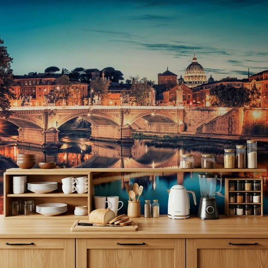 Rome Reflections wall mural showing a lit stone bridge over the river GD7383
