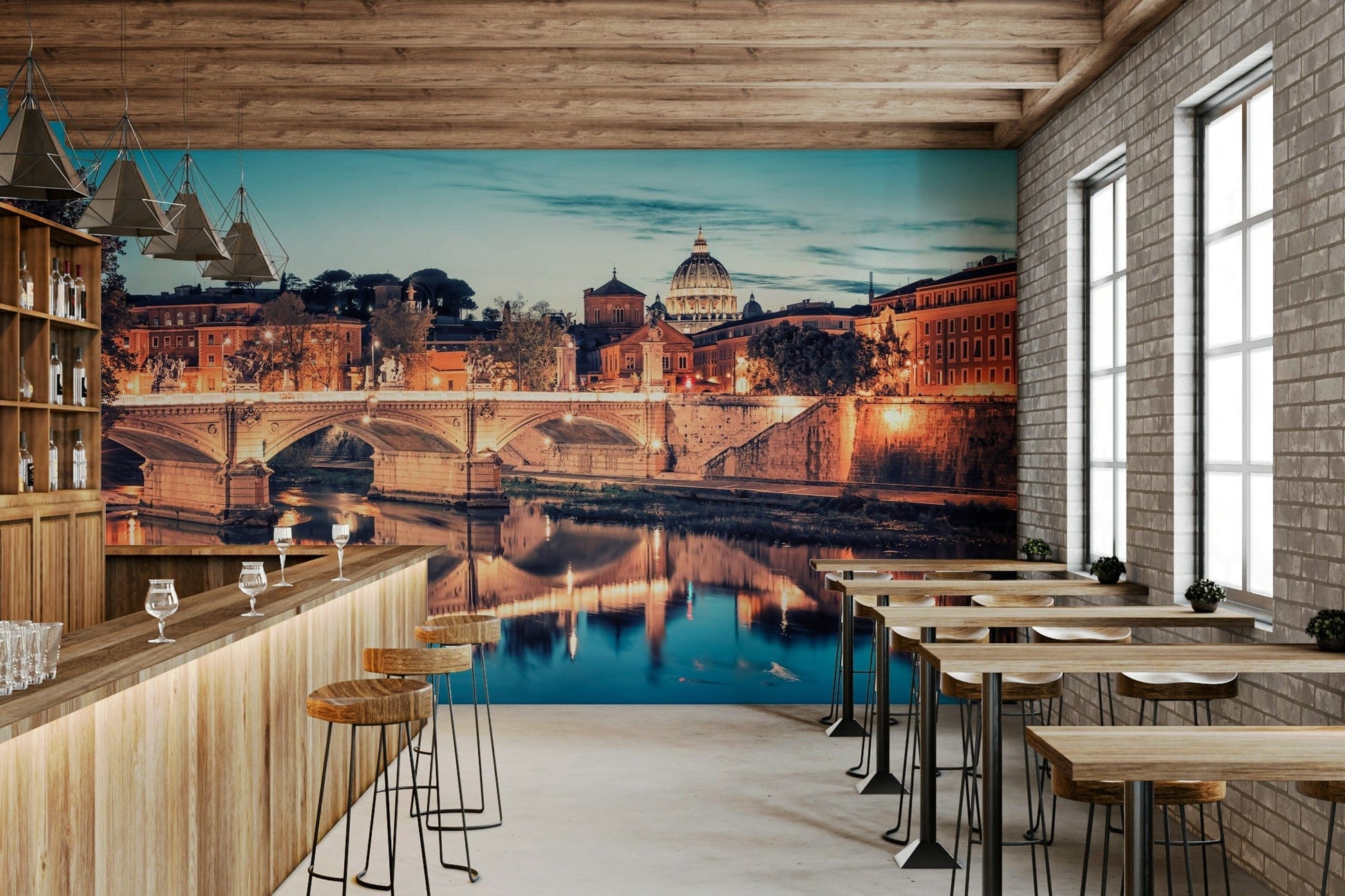 The illuminated dome rises behind rooftops in this Rome wall mural GD7383
