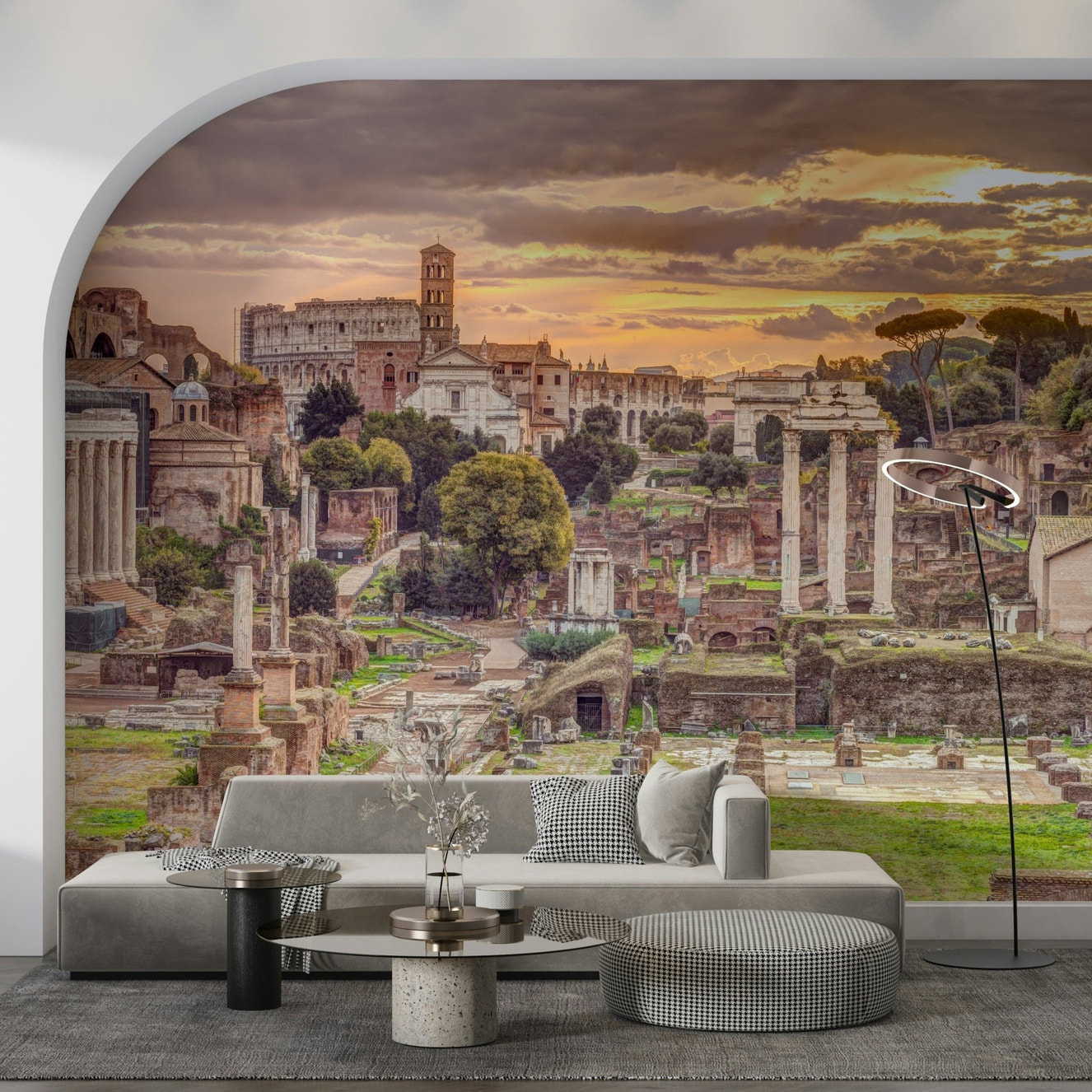 Rome's Ancient Aura Wall Mural in a grand living room with stone decor wallpaper.
