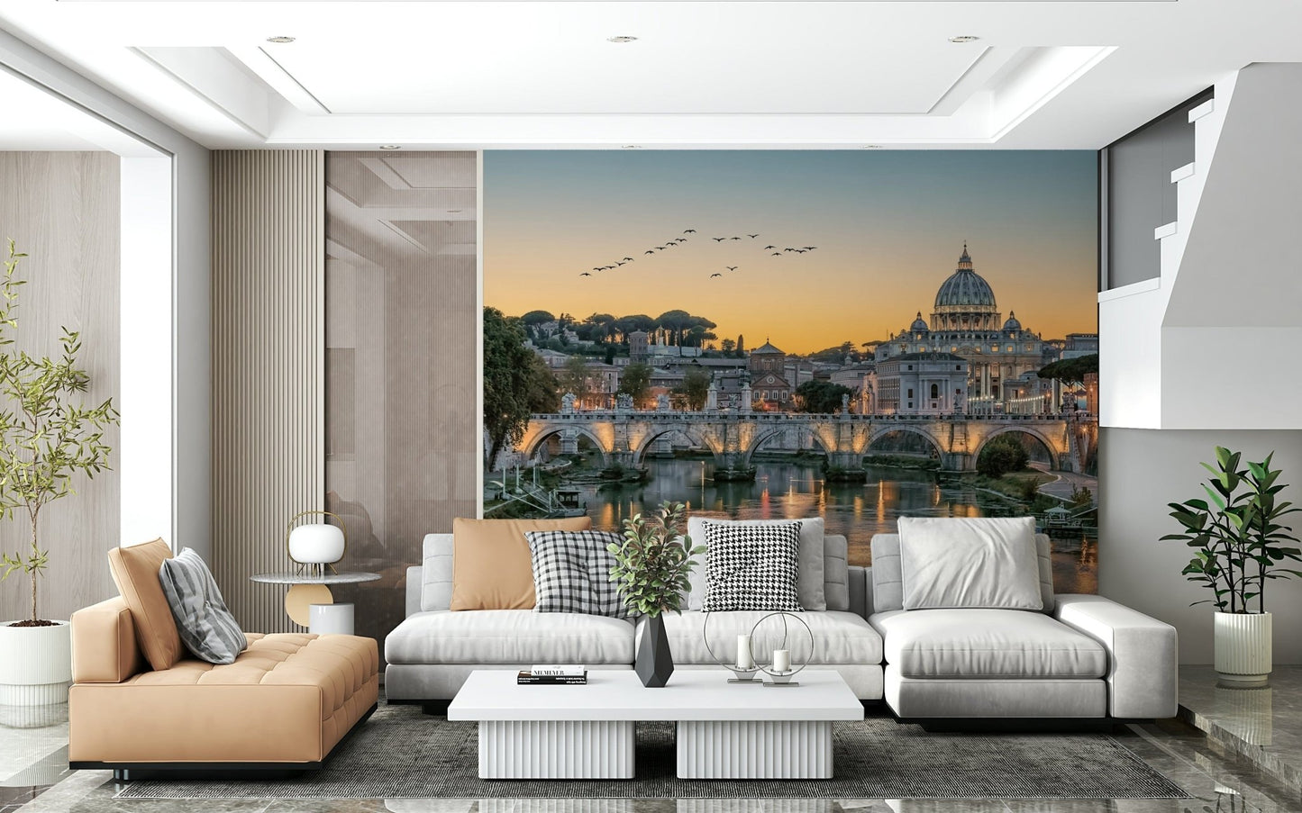 Sunset glow over ancient ruins wall mural for a master bedroom feature wall.