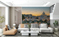 Sunset glow over ancient ruins wall mural for a master bedroom feature wall.
