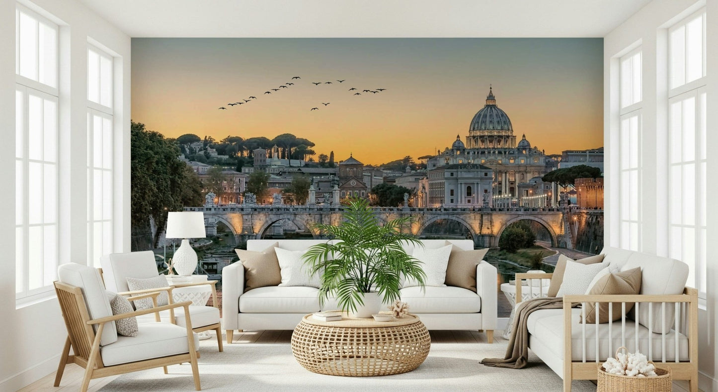 Rome's Golden Hour Wall Mural displayed behind a low-profile sofa in a flat wallpaper.