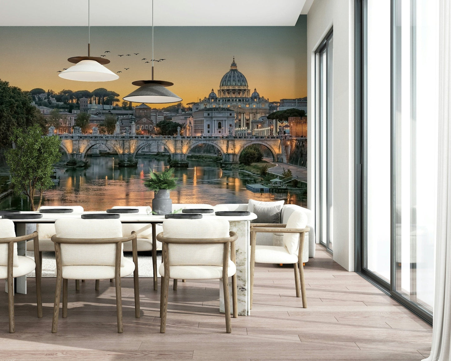 Warm amber tones of Rome's Golden Hour Wall Mural in a modern dining area wallpaper.