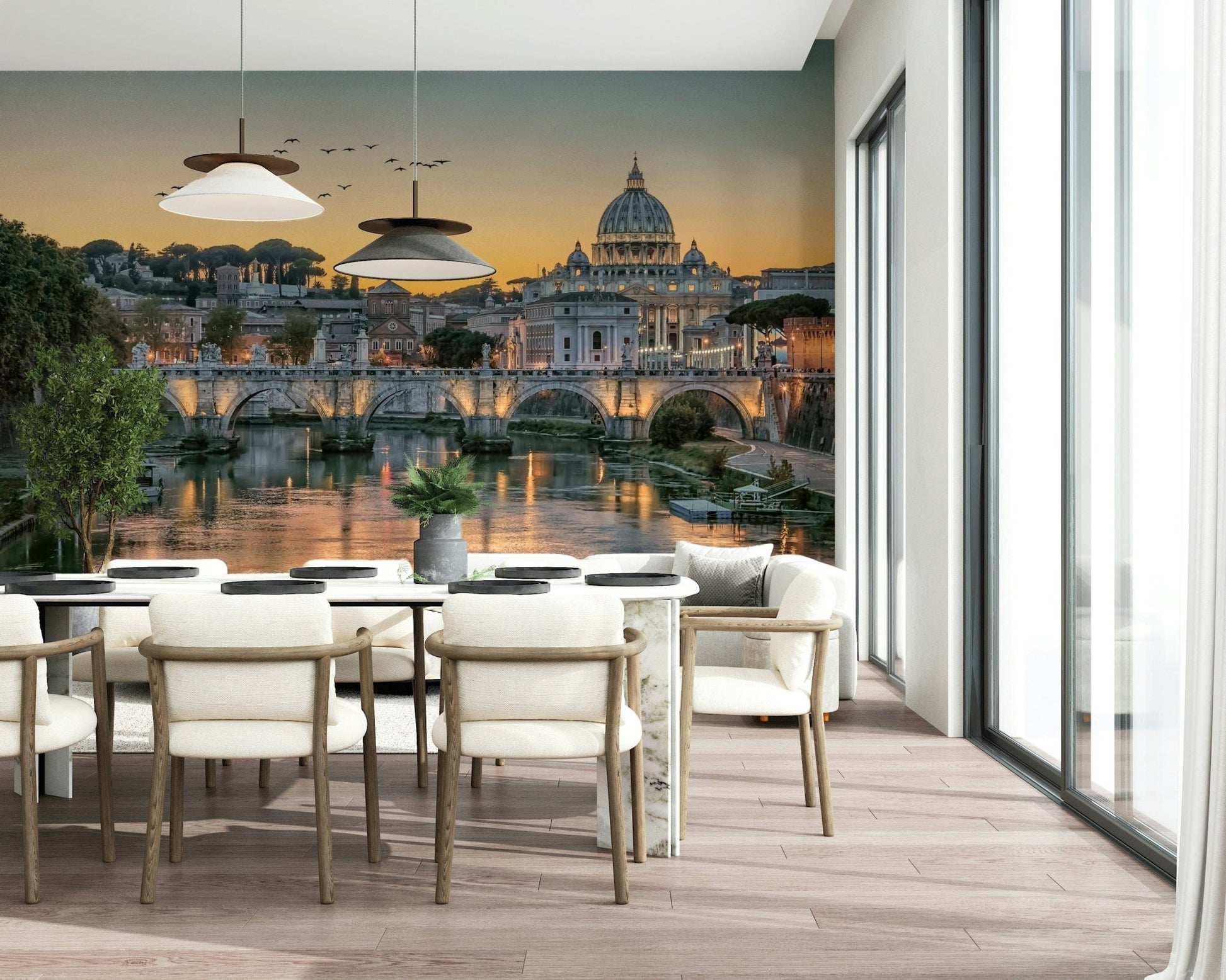Warm amber tones of Rome's Golden Hour Wall Mural in a modern dining area wallpaper.
