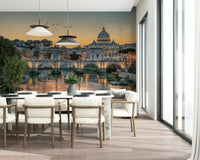 Warm amber tones of Rome's Golden Hour Wall Mural in a modern dining area wallpaper.