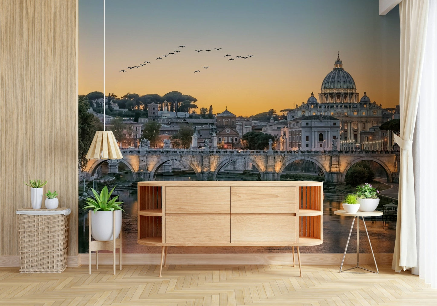Rome's Golden Hour Wall Mural in a minimalist living room with beige furniture wallpaper.