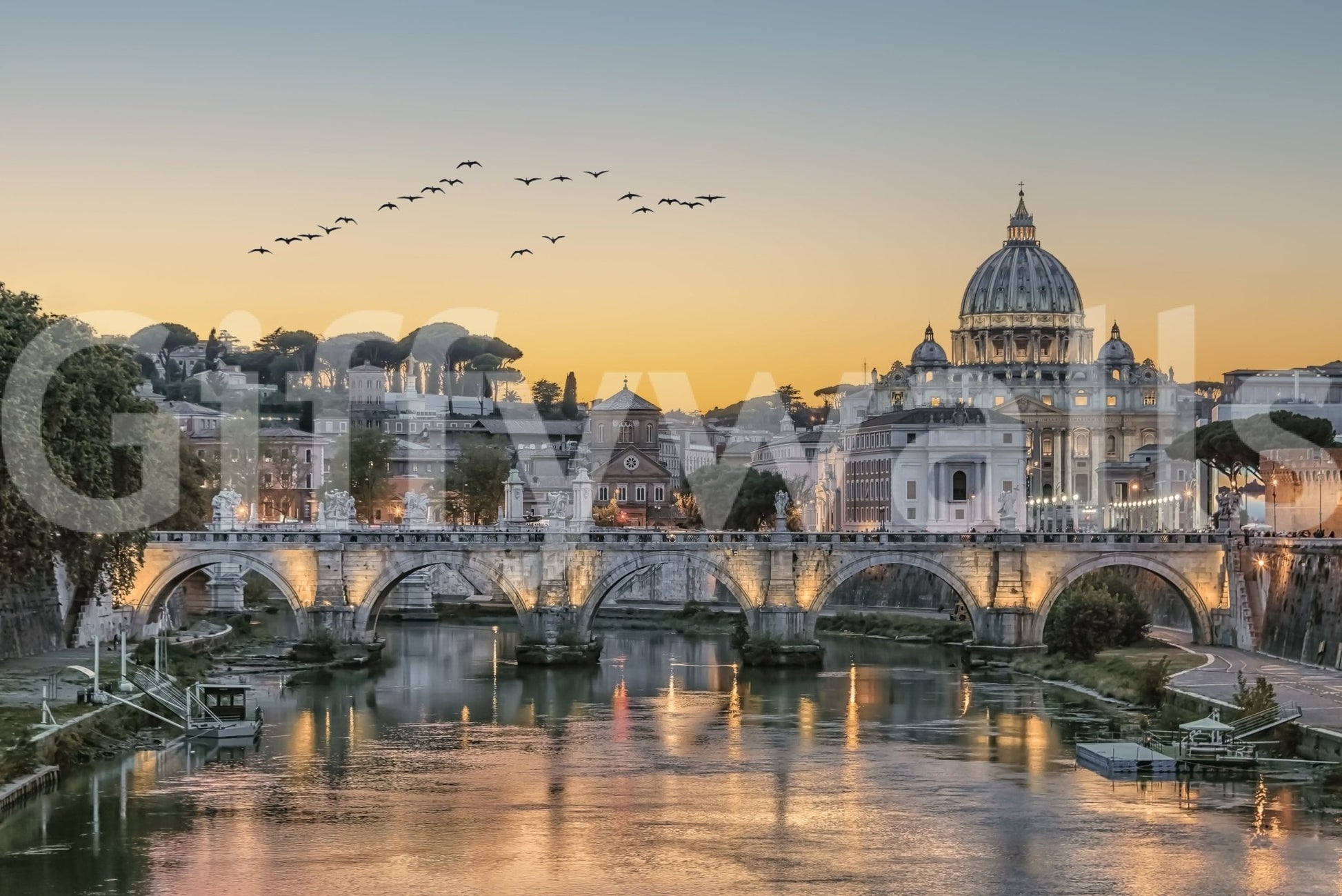 Stone archway and sunset sky wall mural for an elegant studio apartment wallpaper.
