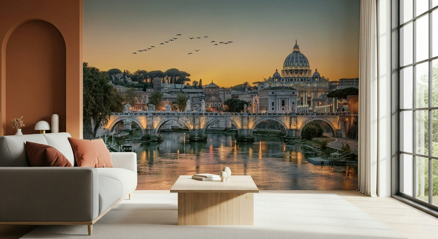 Earthy terracotta and gold sunset wall mural for a textured lounge wall.