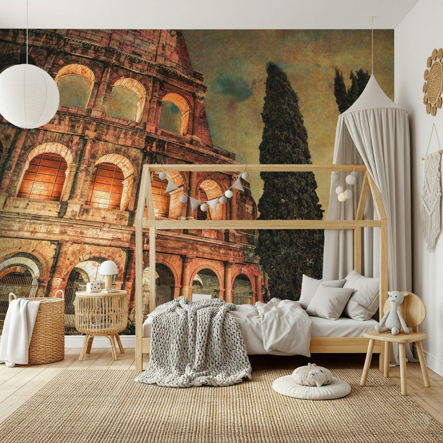 A bedroom gains depth with Rome's Iconic Monument wall mural and lit arches