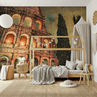 A bedroom gains depth with Rome's Iconic Monument wall mural and lit arches
