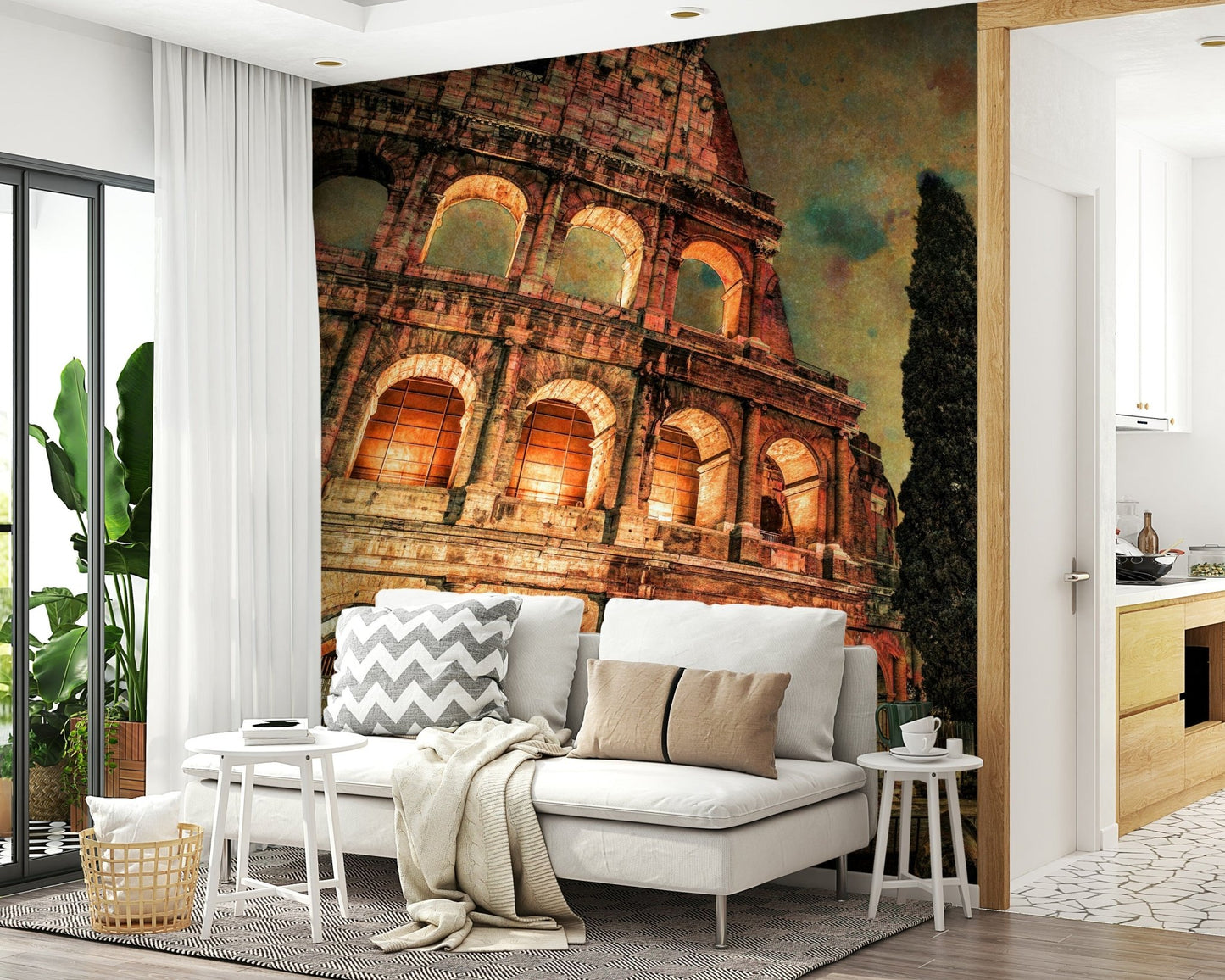 In the Living room , Rome's Iconic Monument wall mural creates a striking focal 