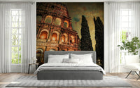 The guest room stands out with Rome's Iconic Monument wall mural in textured tones