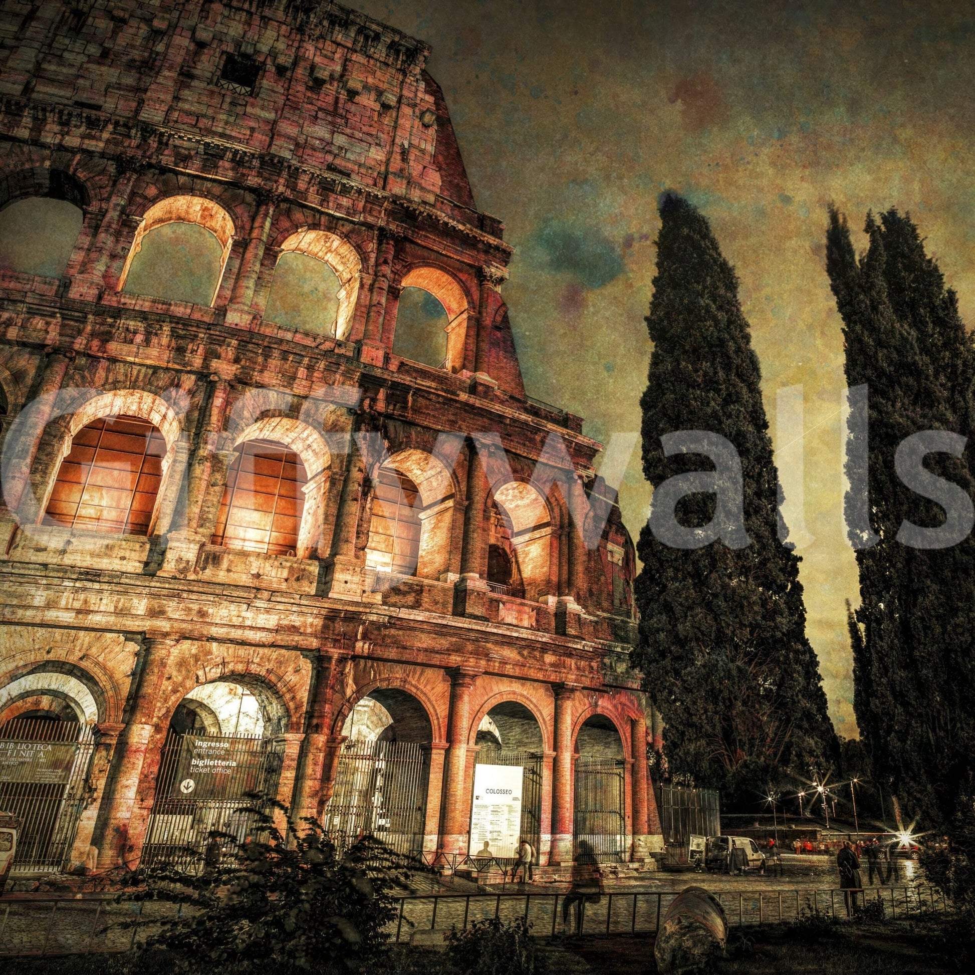 Rome's Iconic Monument wall mural showing a glowing historic structure at night
