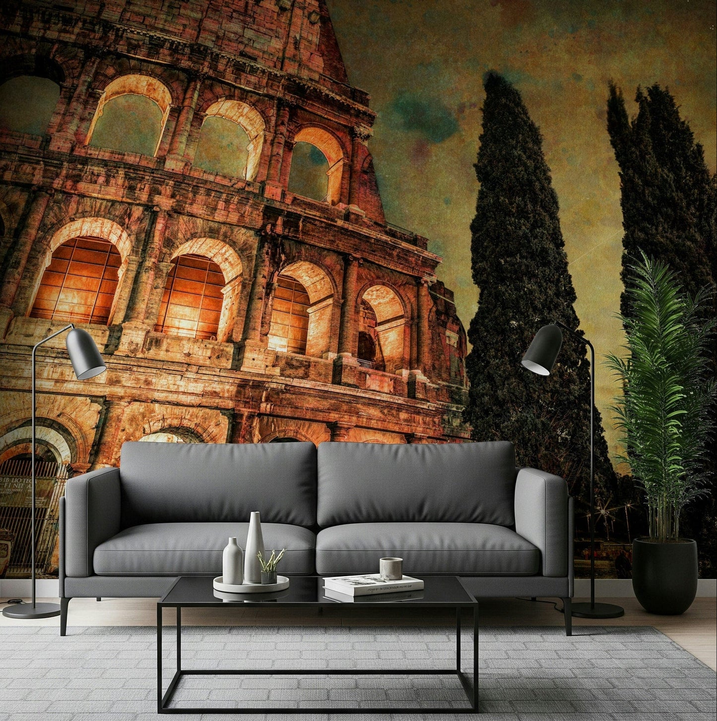 Living room wall featuring Rome's Iconic Monument wall mural in warm night tones