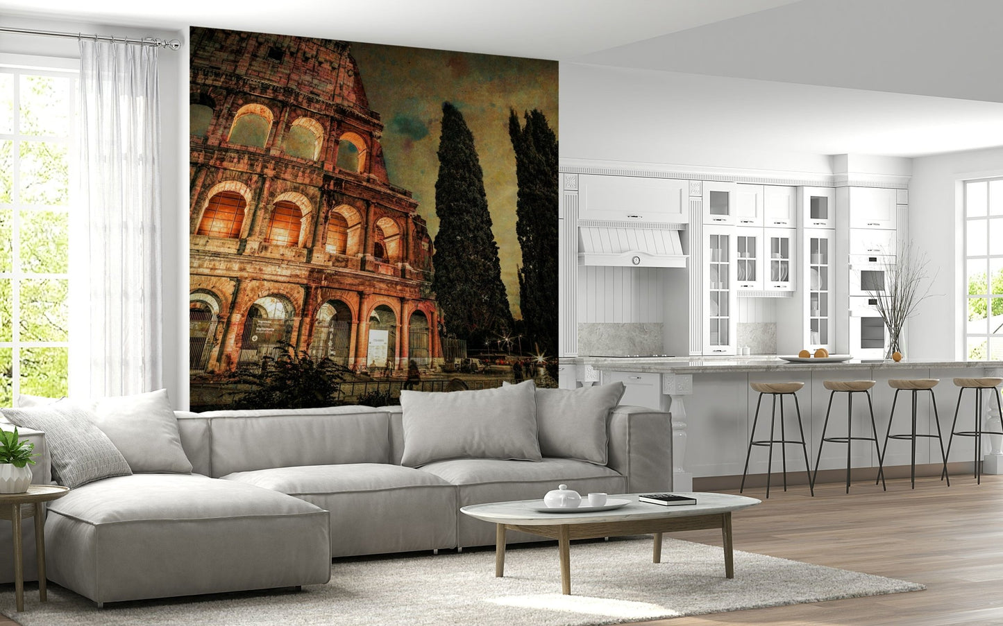 lounge area looks dramatic with Rome's Iconic Monument wall mural and evening glow