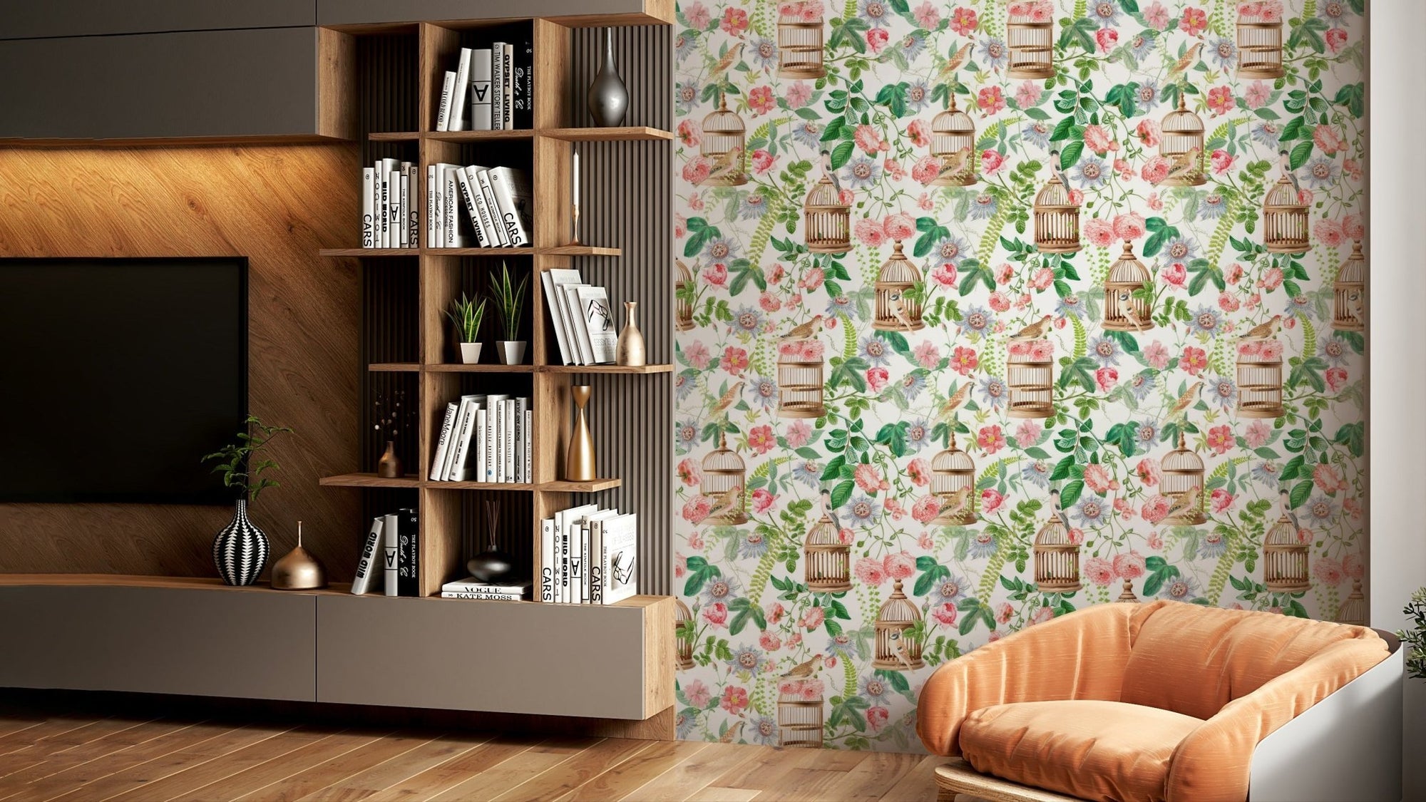 Rose and bird garden wallpaper with pink roses, GD1268