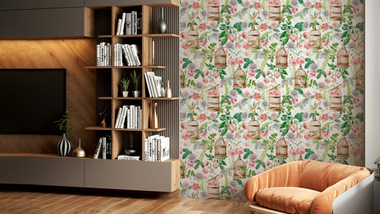 Rose and bird garden wallpaper with pink roses, GD1268