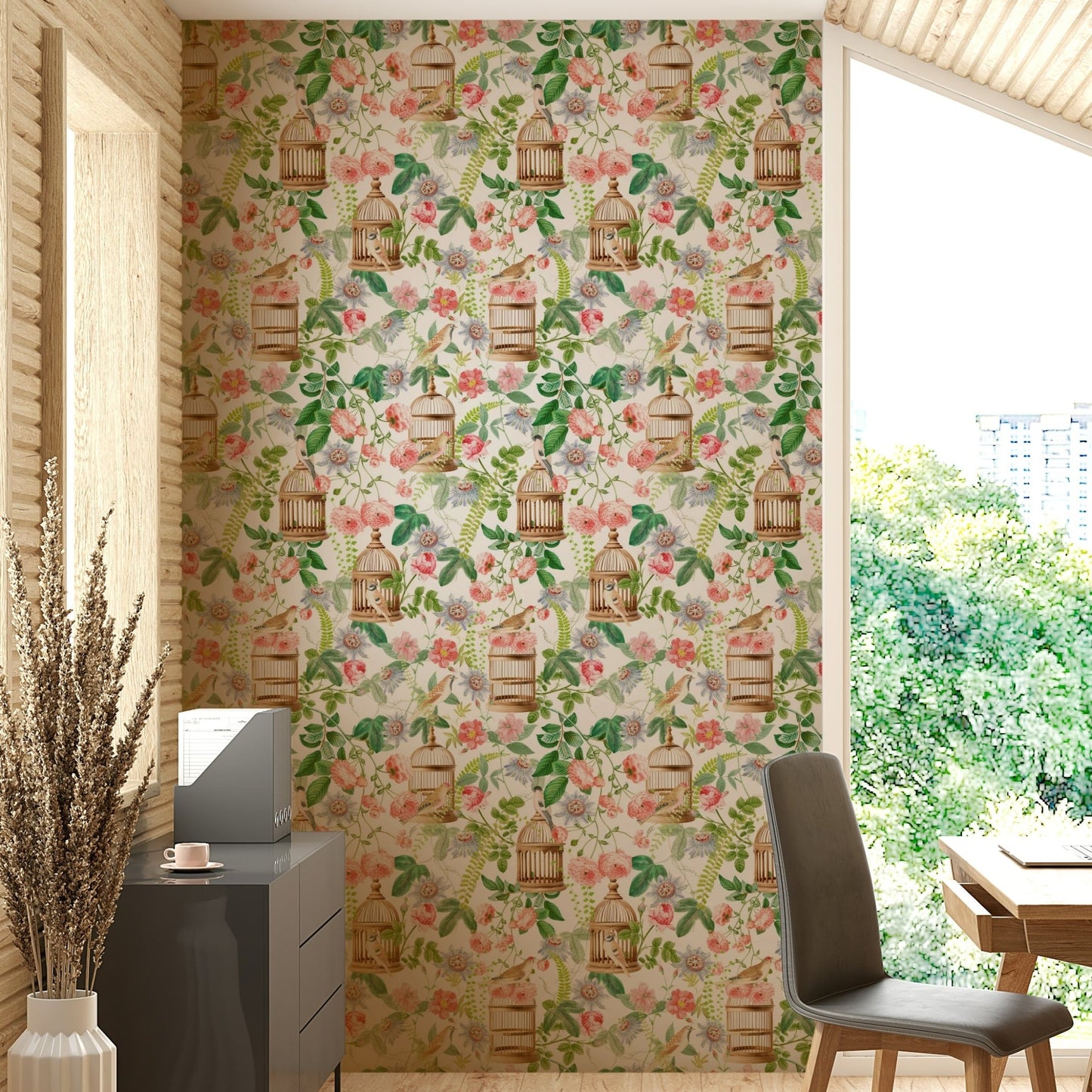 Romantic rose garden wallpaper with flying birds

