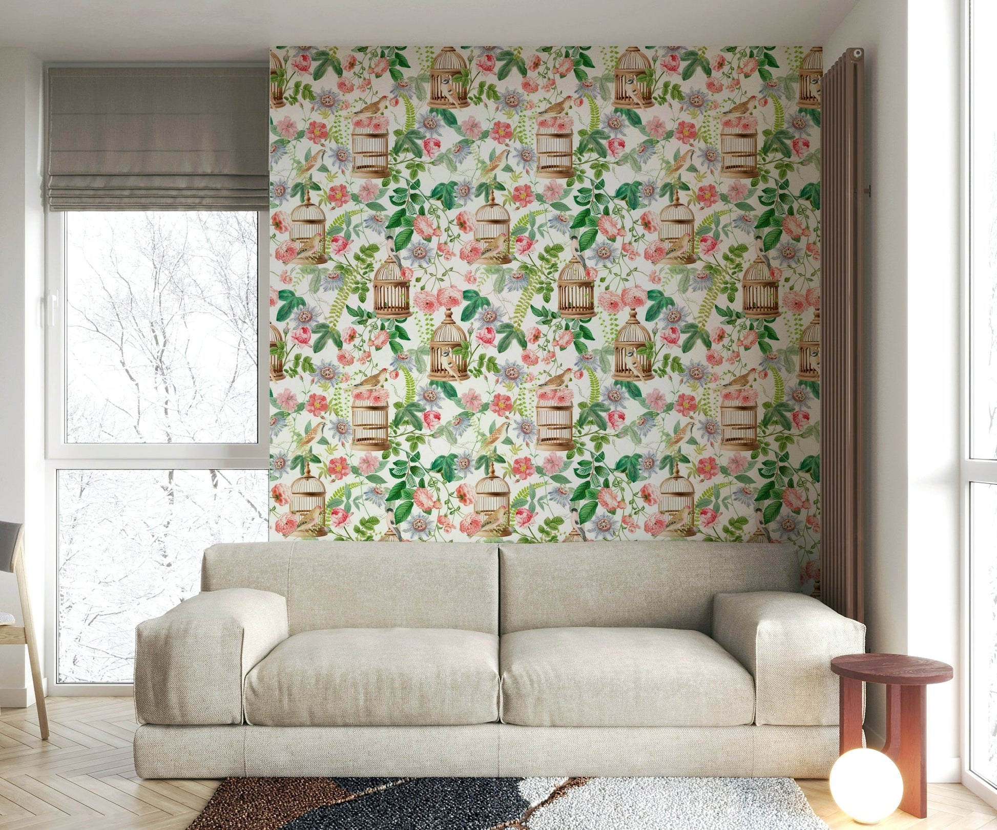 Elegant floral wallpaper featuring birds and roses

