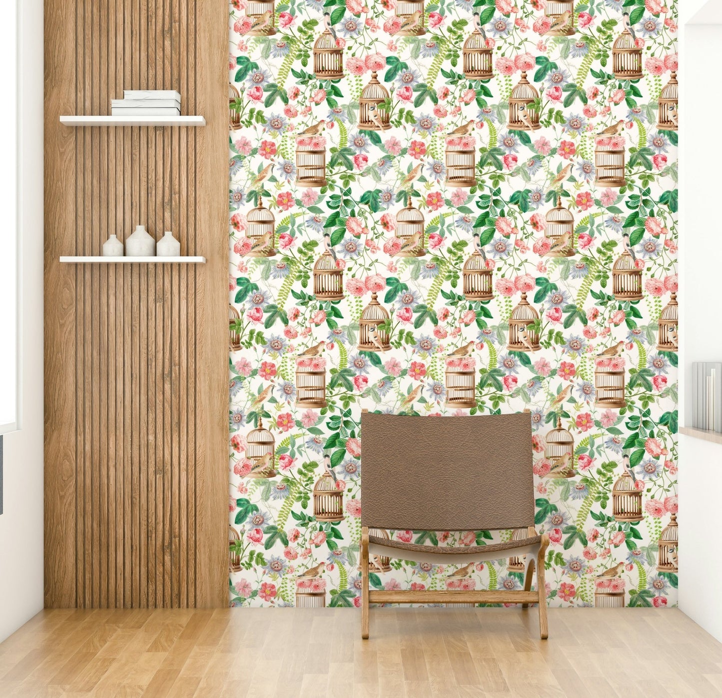 Garden-themed wallpaper with roses and birds

