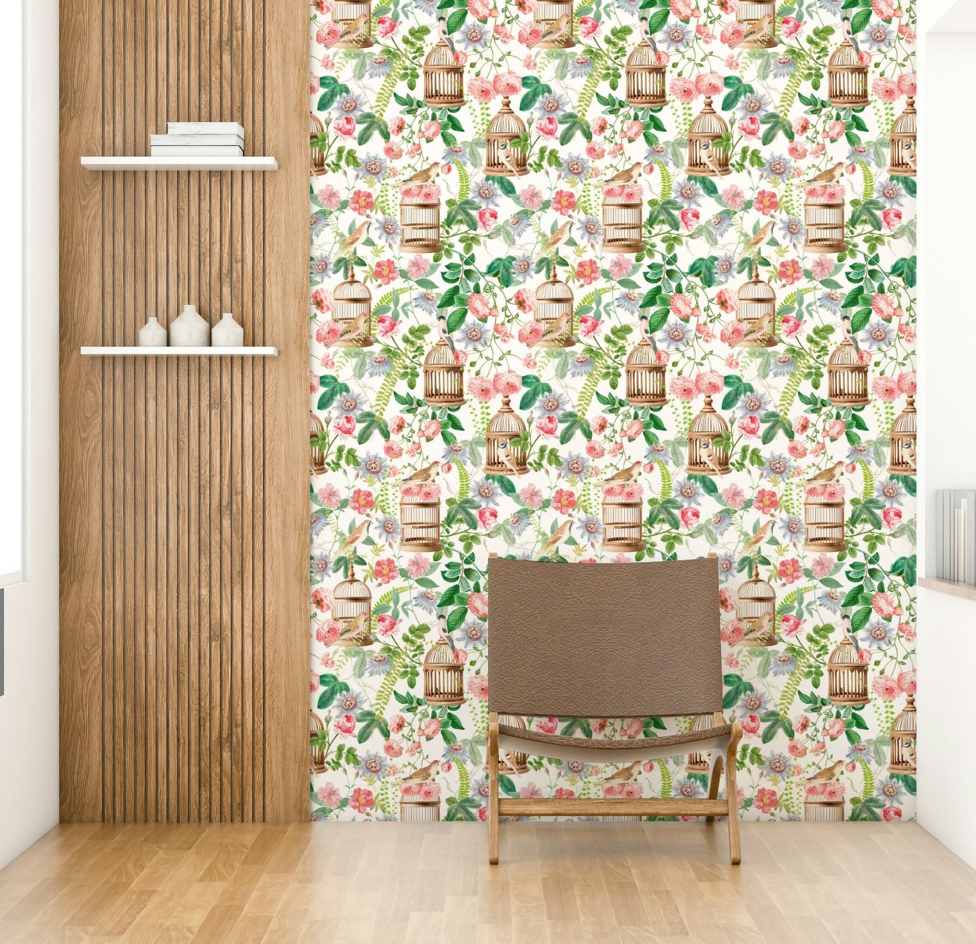 Garden-themed wallpaper with roses and birds

