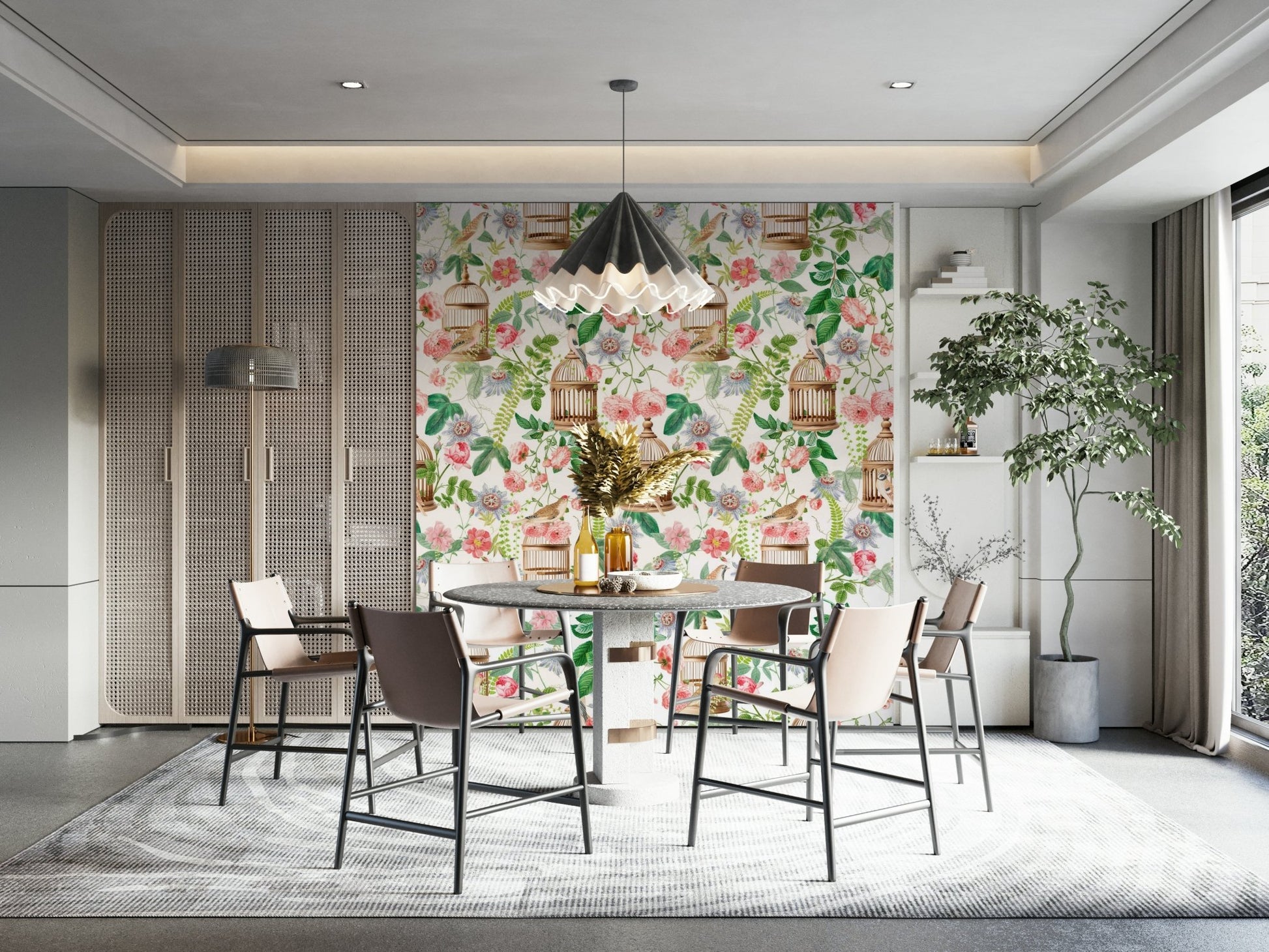 Rose and bird wallpaper with delicate garden design

