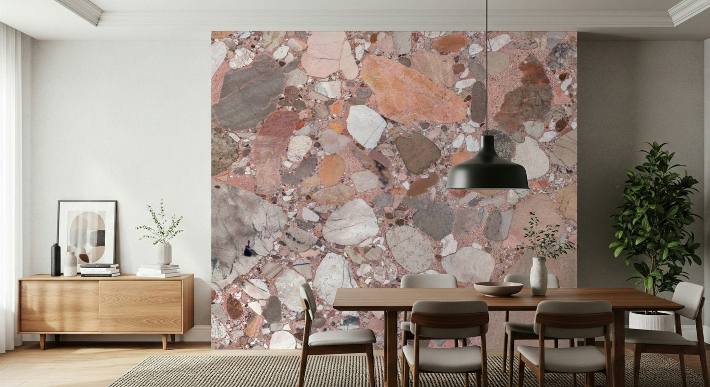 Bright Rose Blush Terrazzo granules wallpaper for light spaces