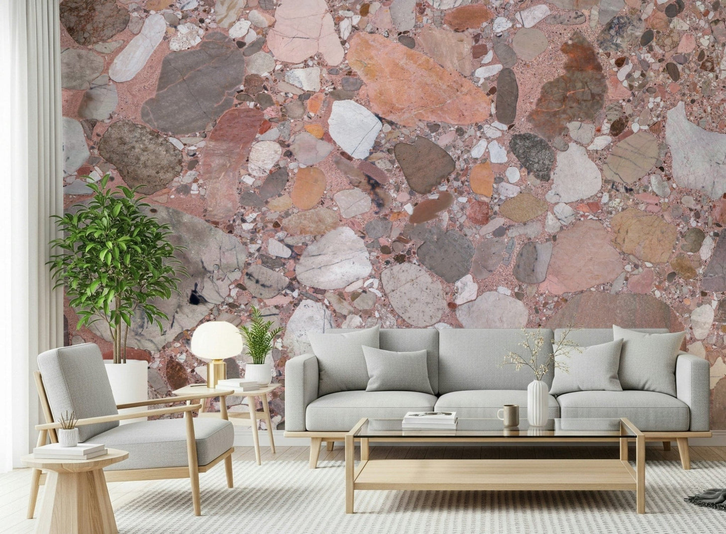 Muted Rose Blush Terrazzo pebble wall mural covering pattern