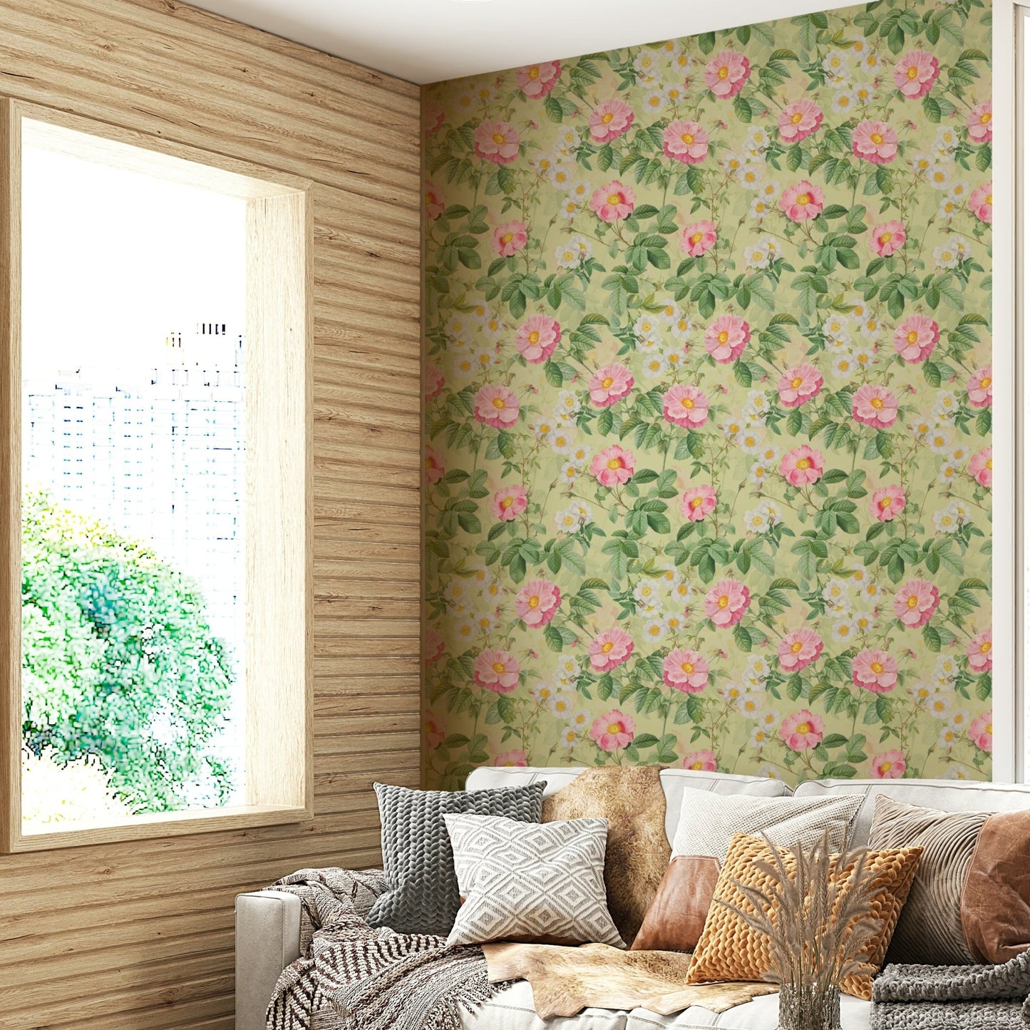 Light pink rose garden wallpaper for elegant rooms

