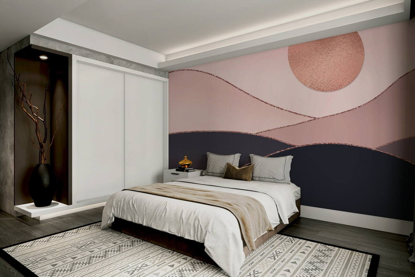 A wall mural of a peaceful horizon pattern.

