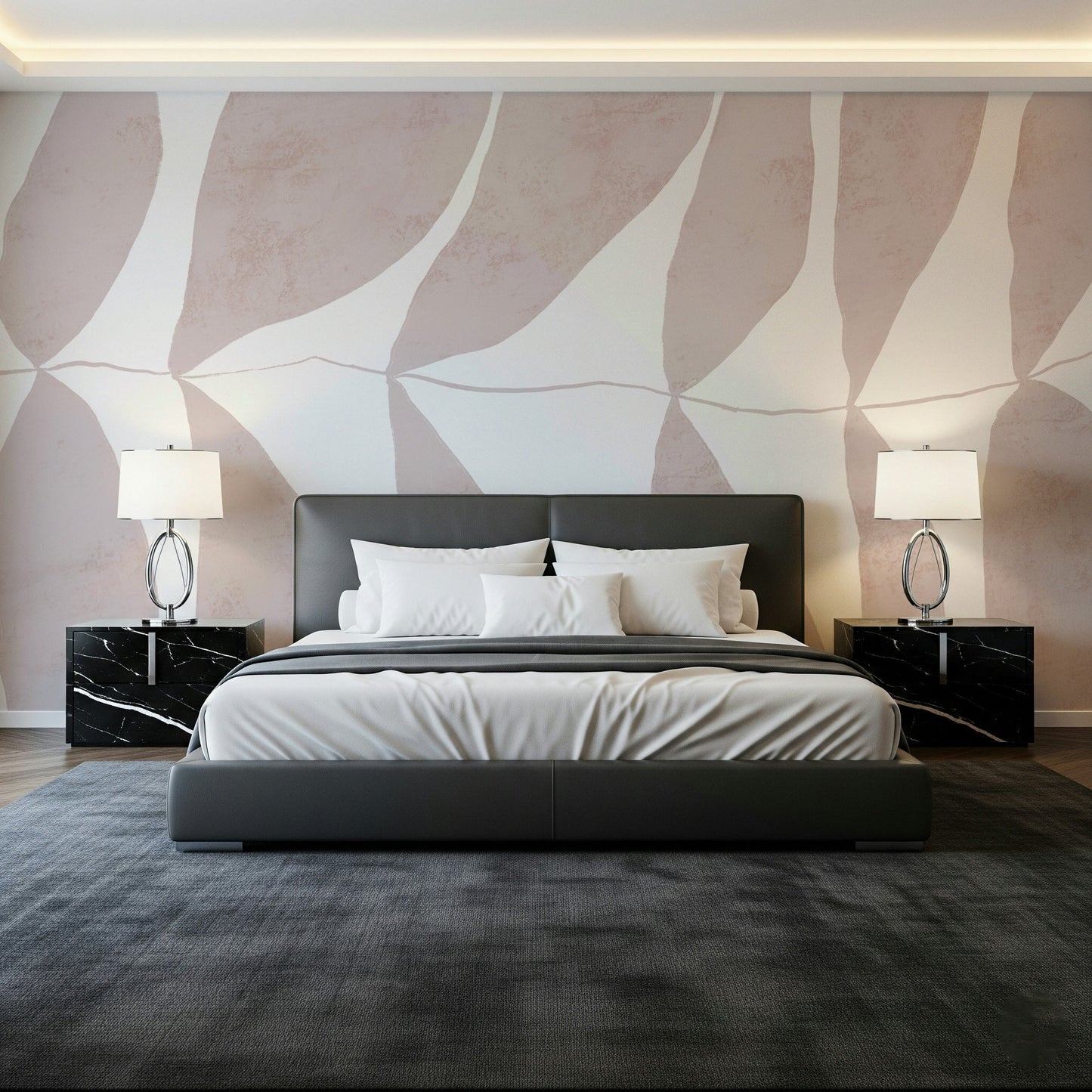 An artistic delicate bloom mural on minimalist wallpaper.
