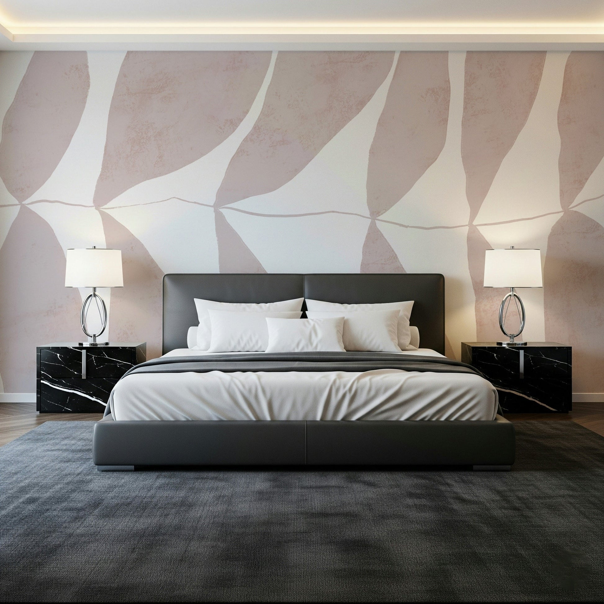 An artistic delicate bloom mural on minimalist wallpaper.