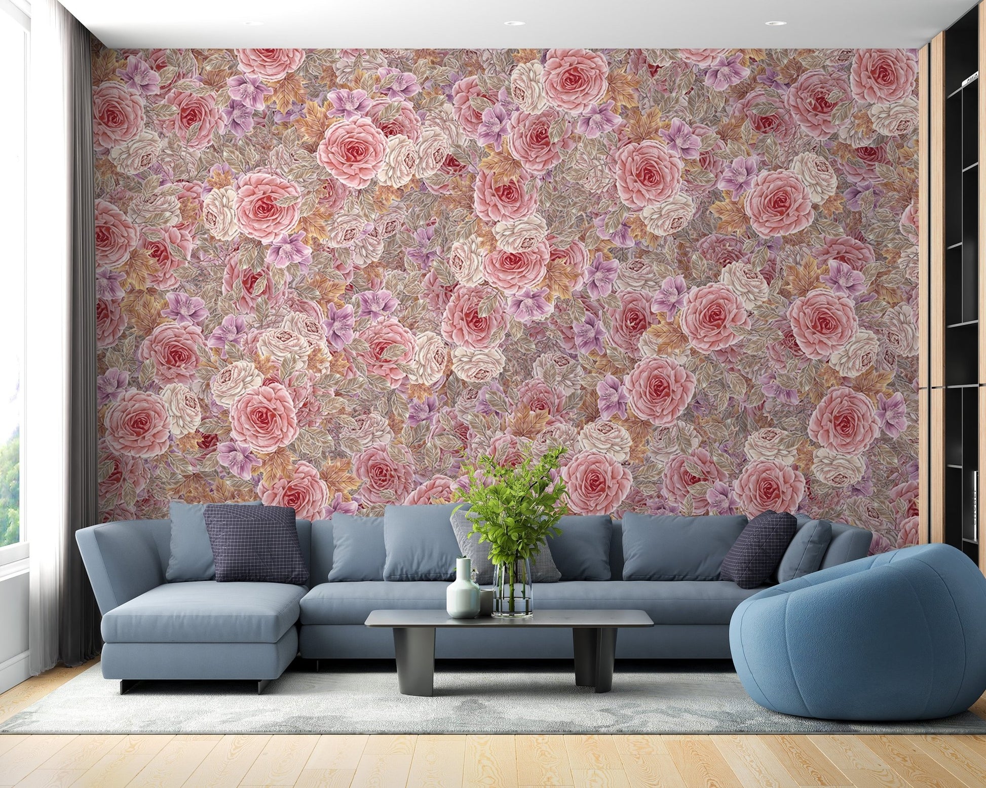 Pink roses mural with watercolor effect

