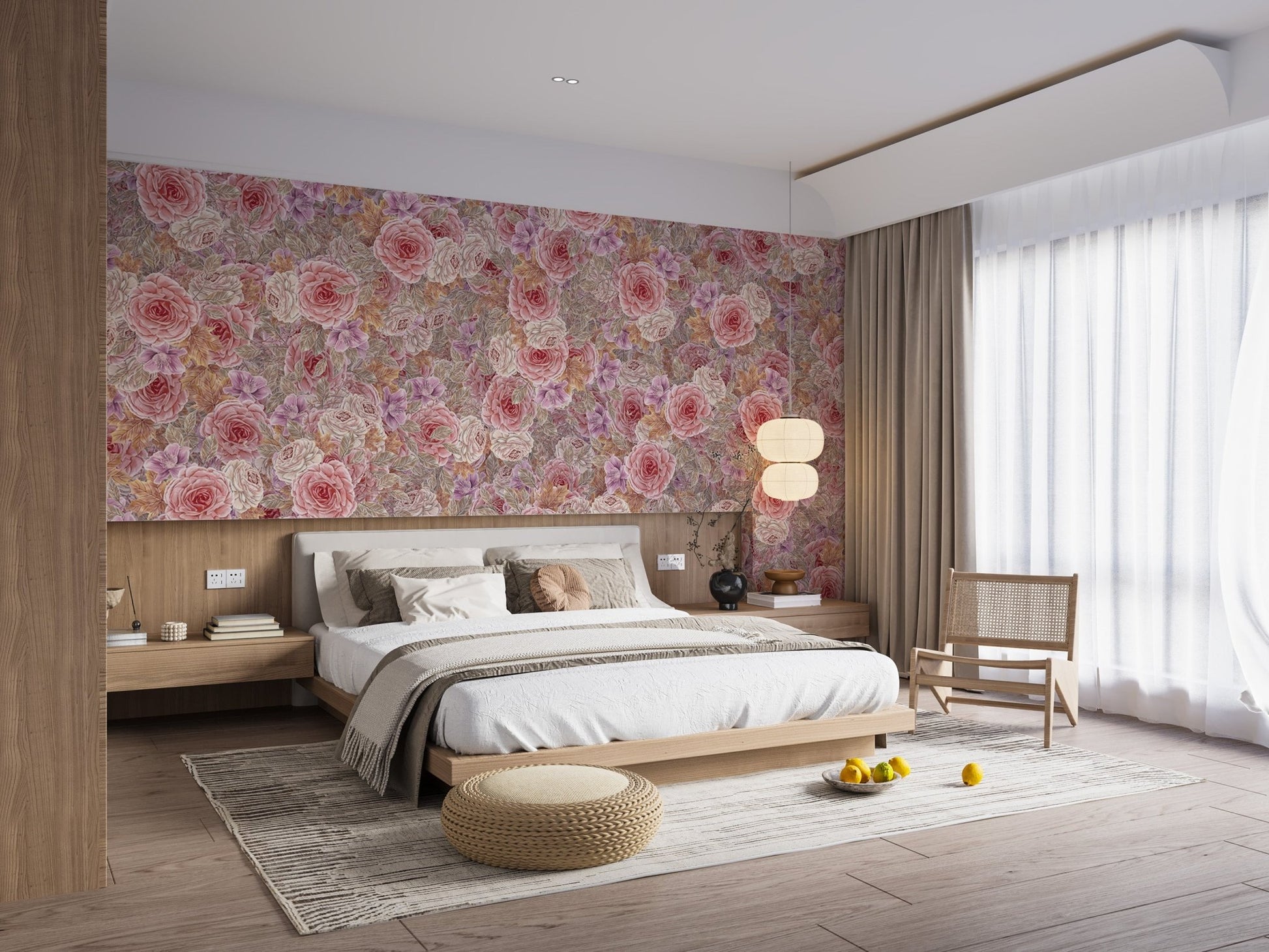 Romantic watercolor pink rose wall mural
