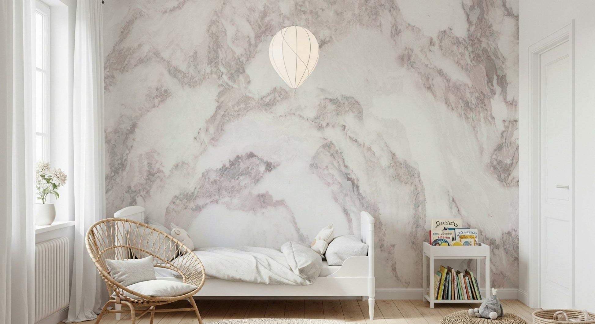 Rose Quartz Marble Wall Mural close-up, pink and white veined marble detail.