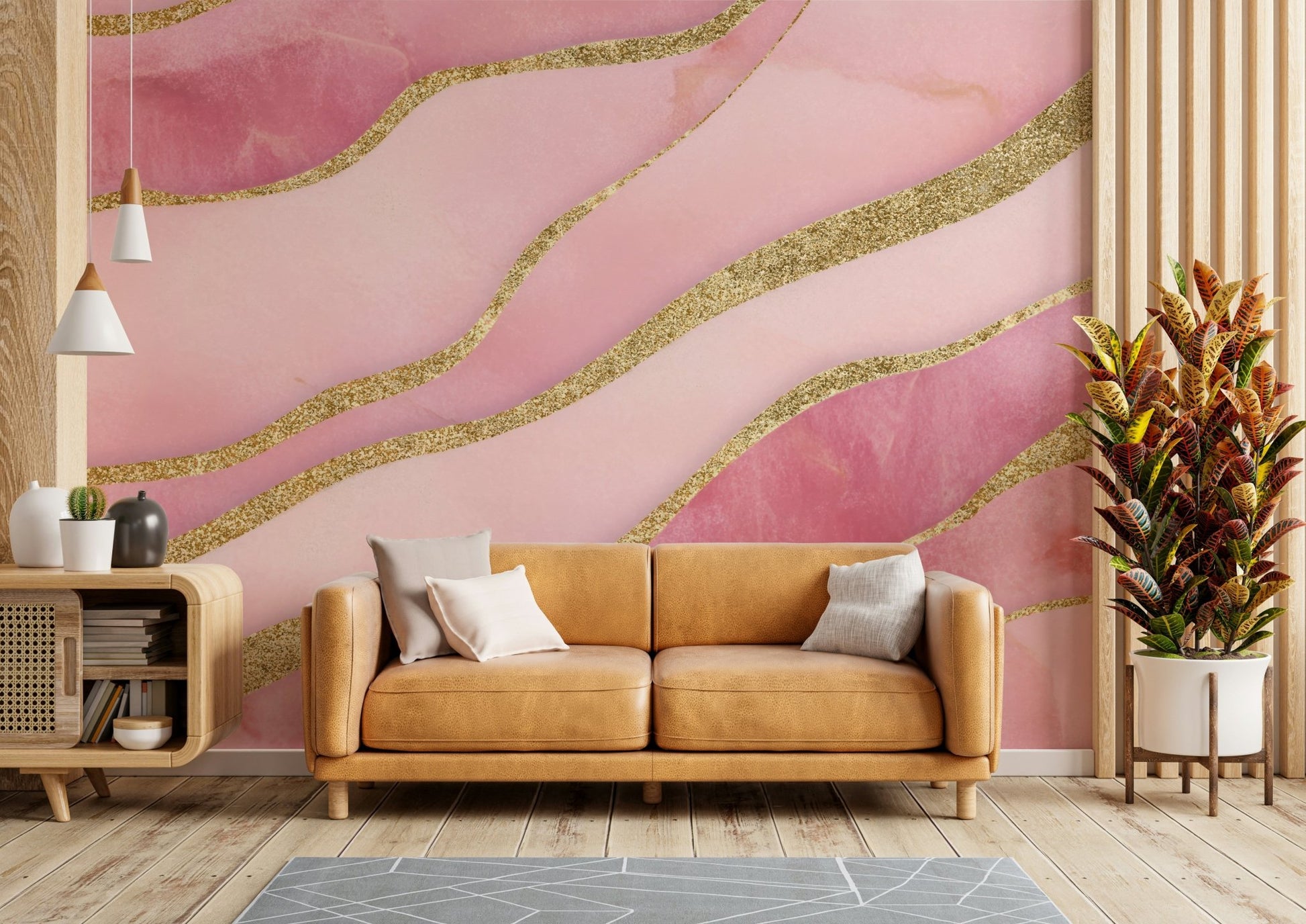 Bedroom styled with romantic Rose Quartz mural

