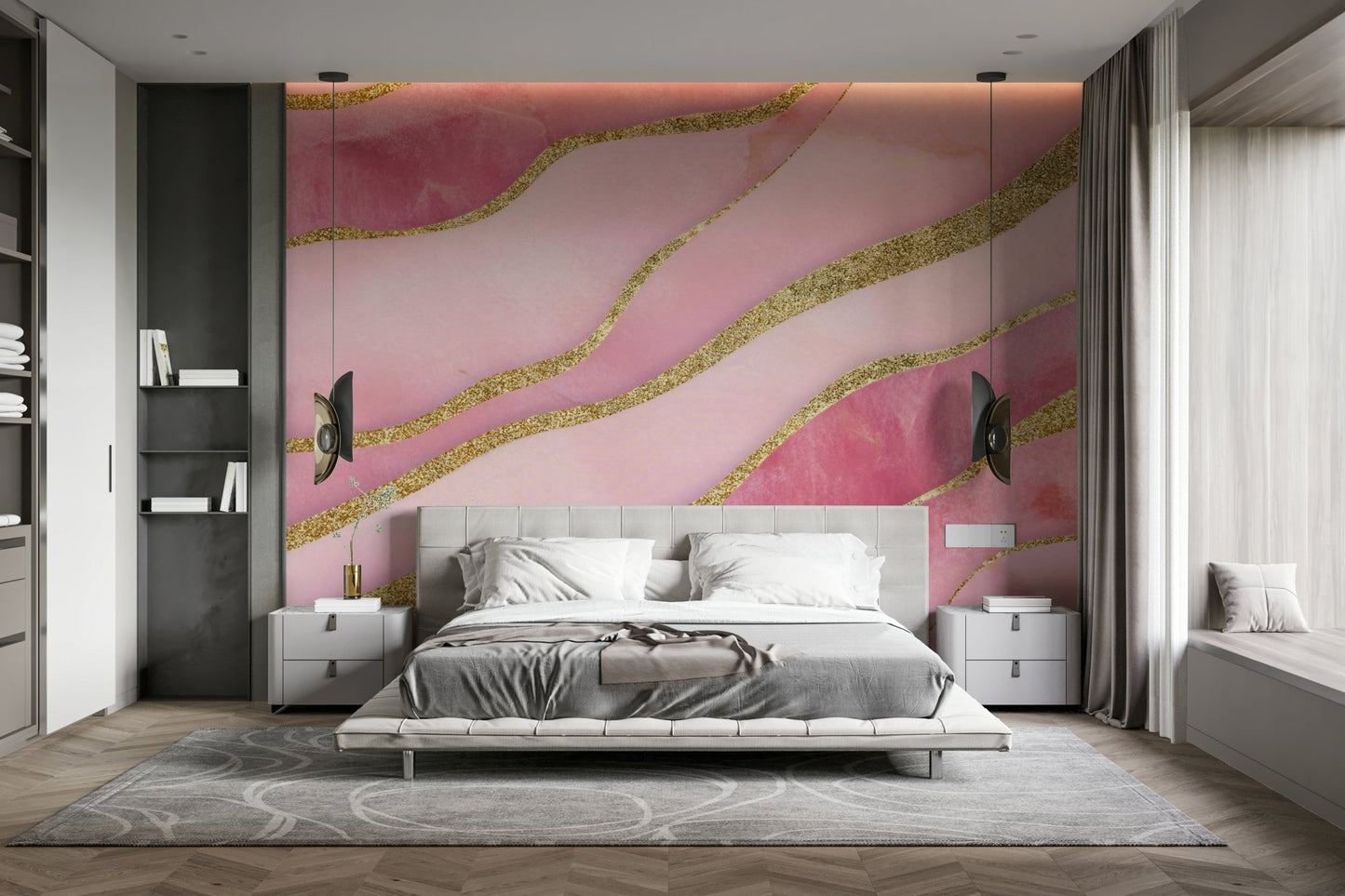 Rose Quartz Rhapsody mural with soft pink marble tones

