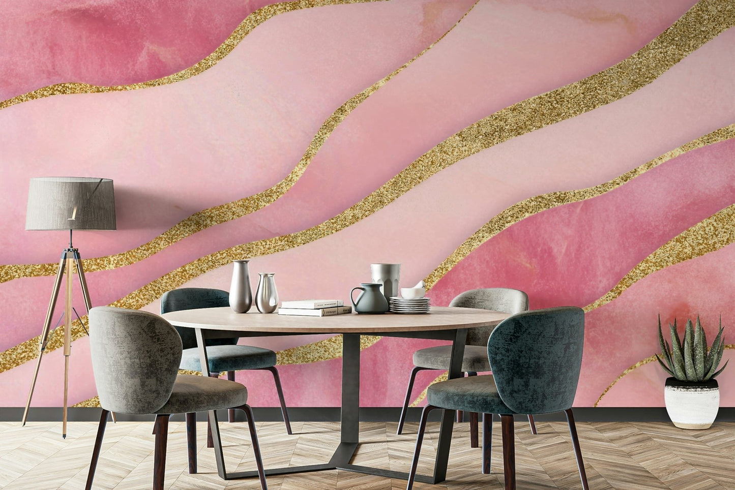 Modern interior featuring soft rose quartz wall mural

