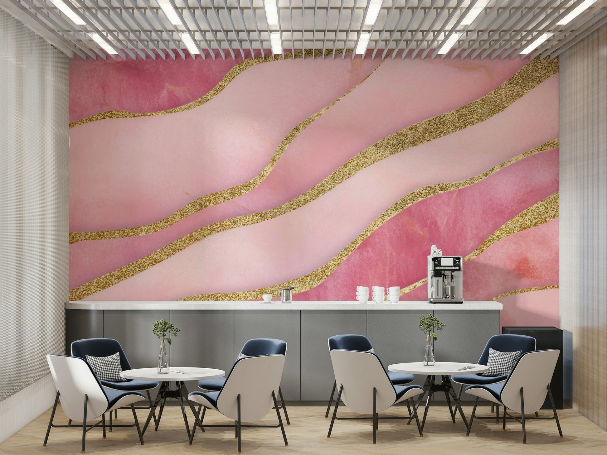 Close-up of shimmering pink marbled design in mural

