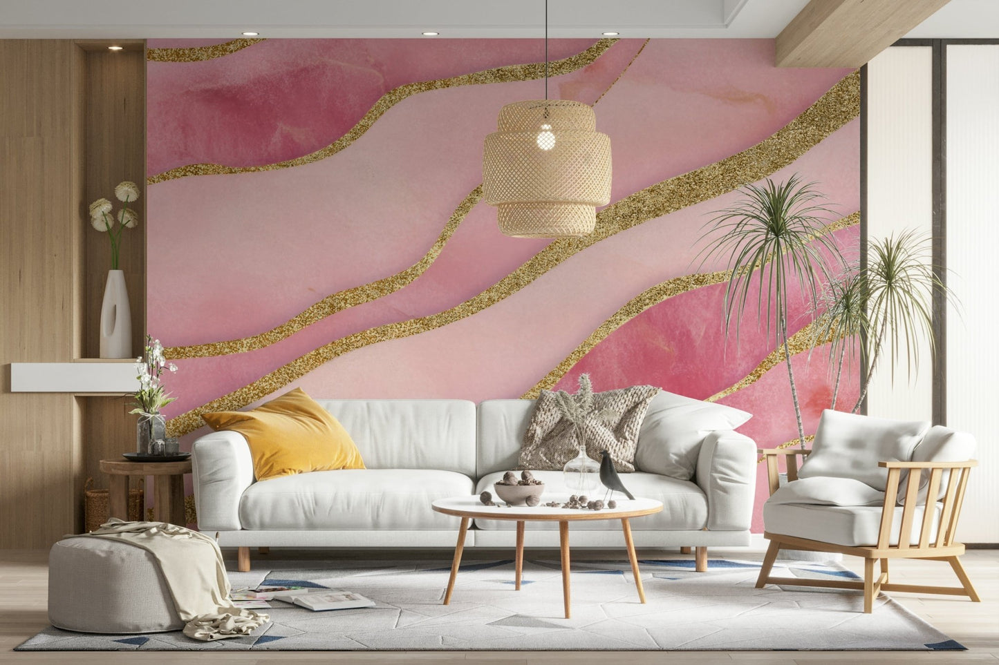 Fluid rose-toned marble pattern on feature wall mural


