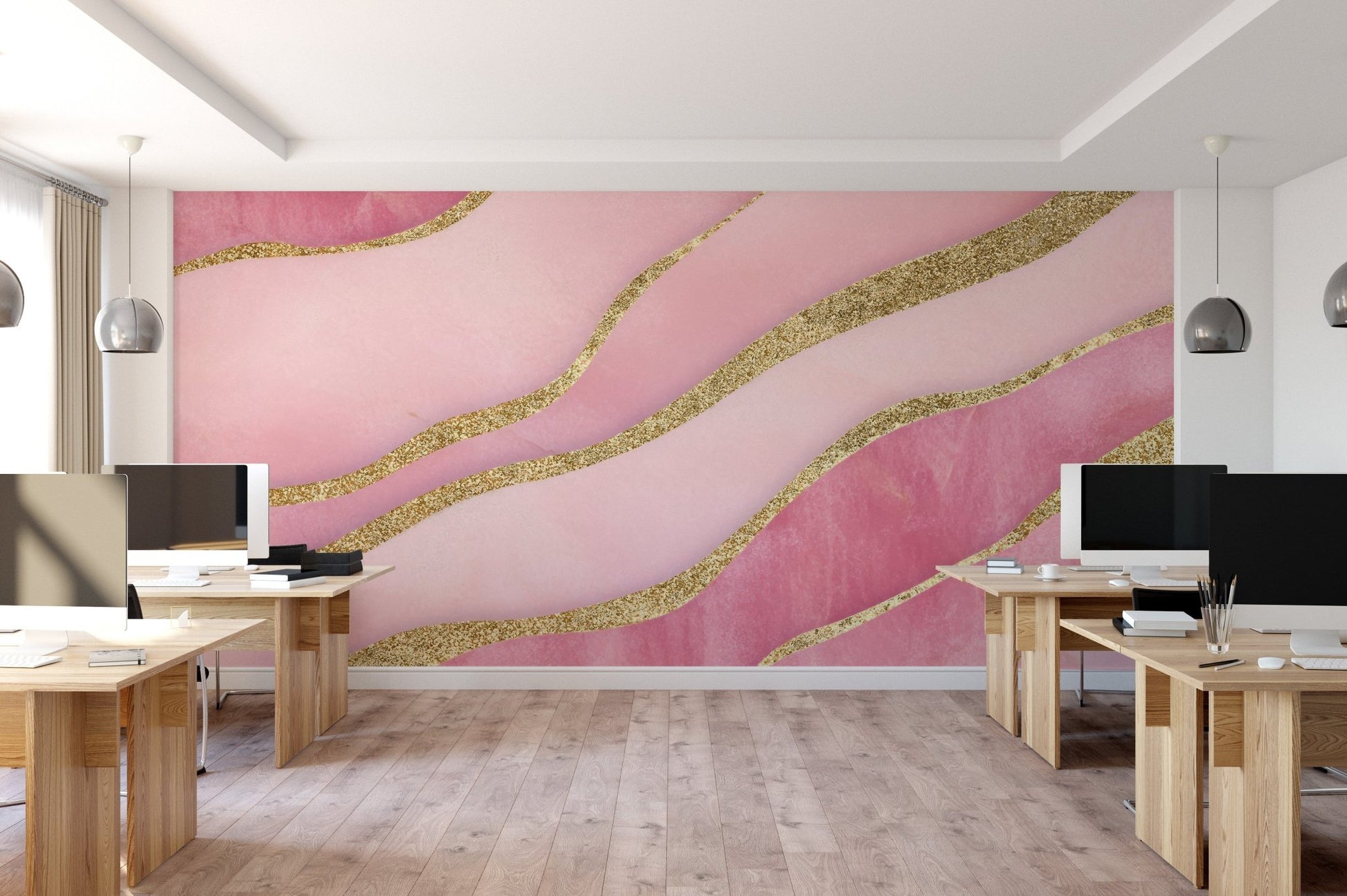 Elegant pink wallpaper design featuring glittering gold lines

