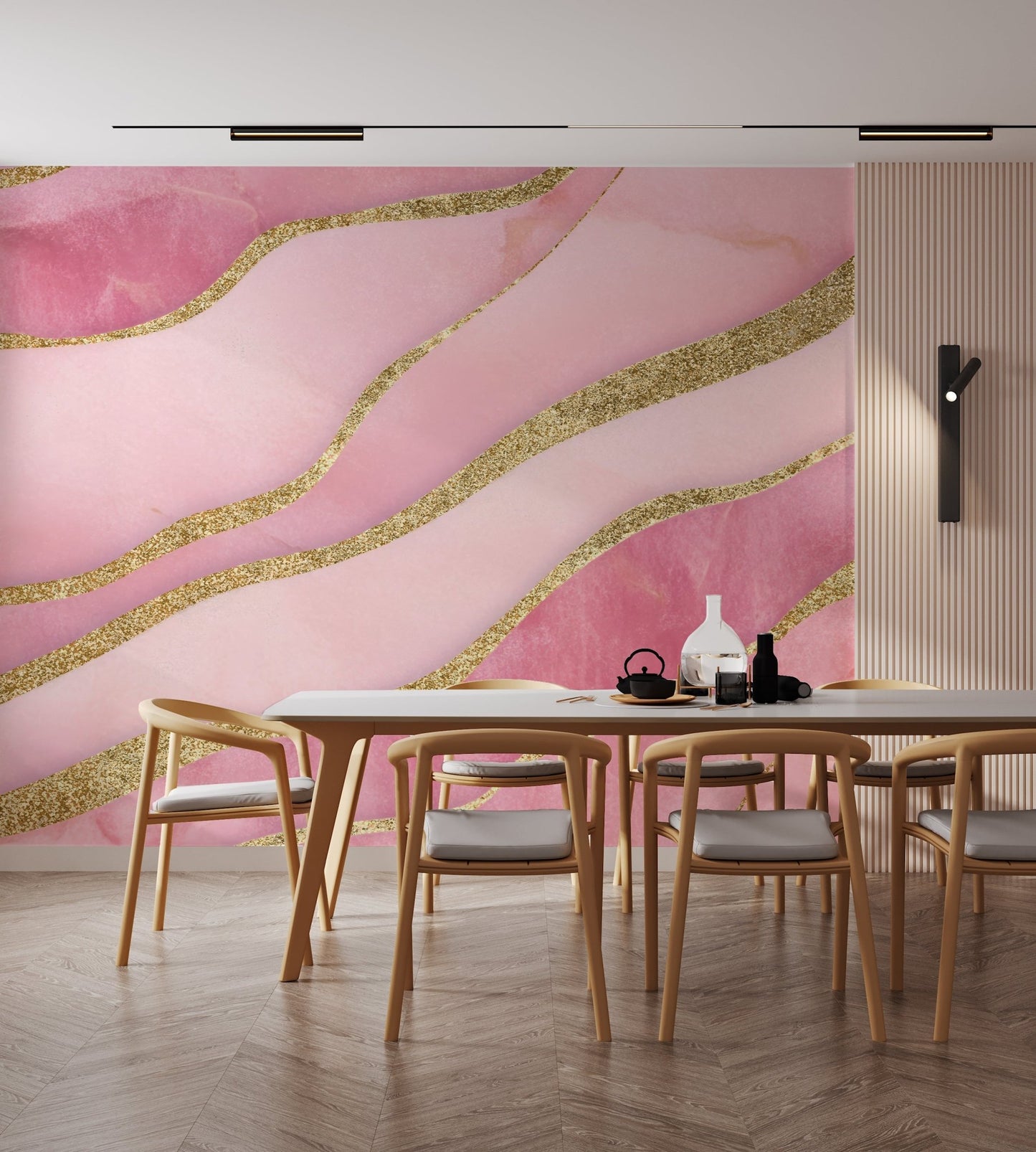 Artistic pink wall design with gold glitter river-like lines

