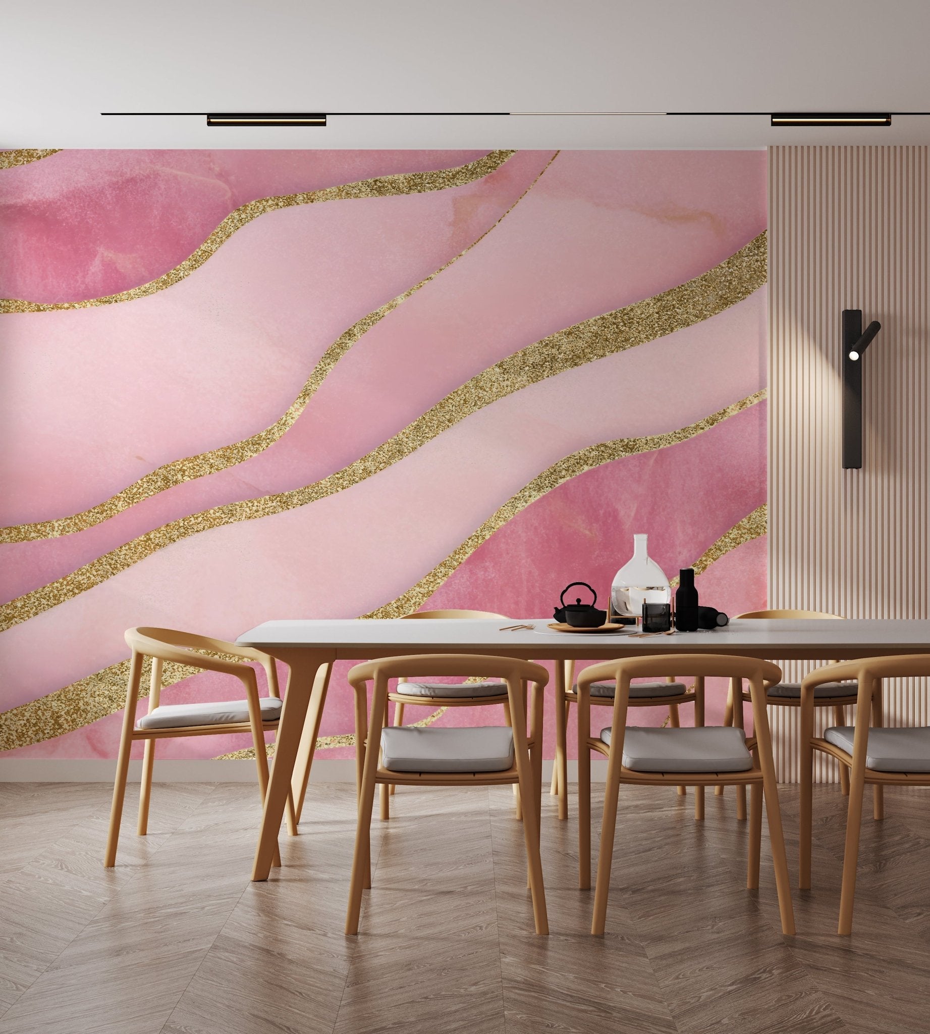 Artistic pink wall design with gold glitter river-like lines

