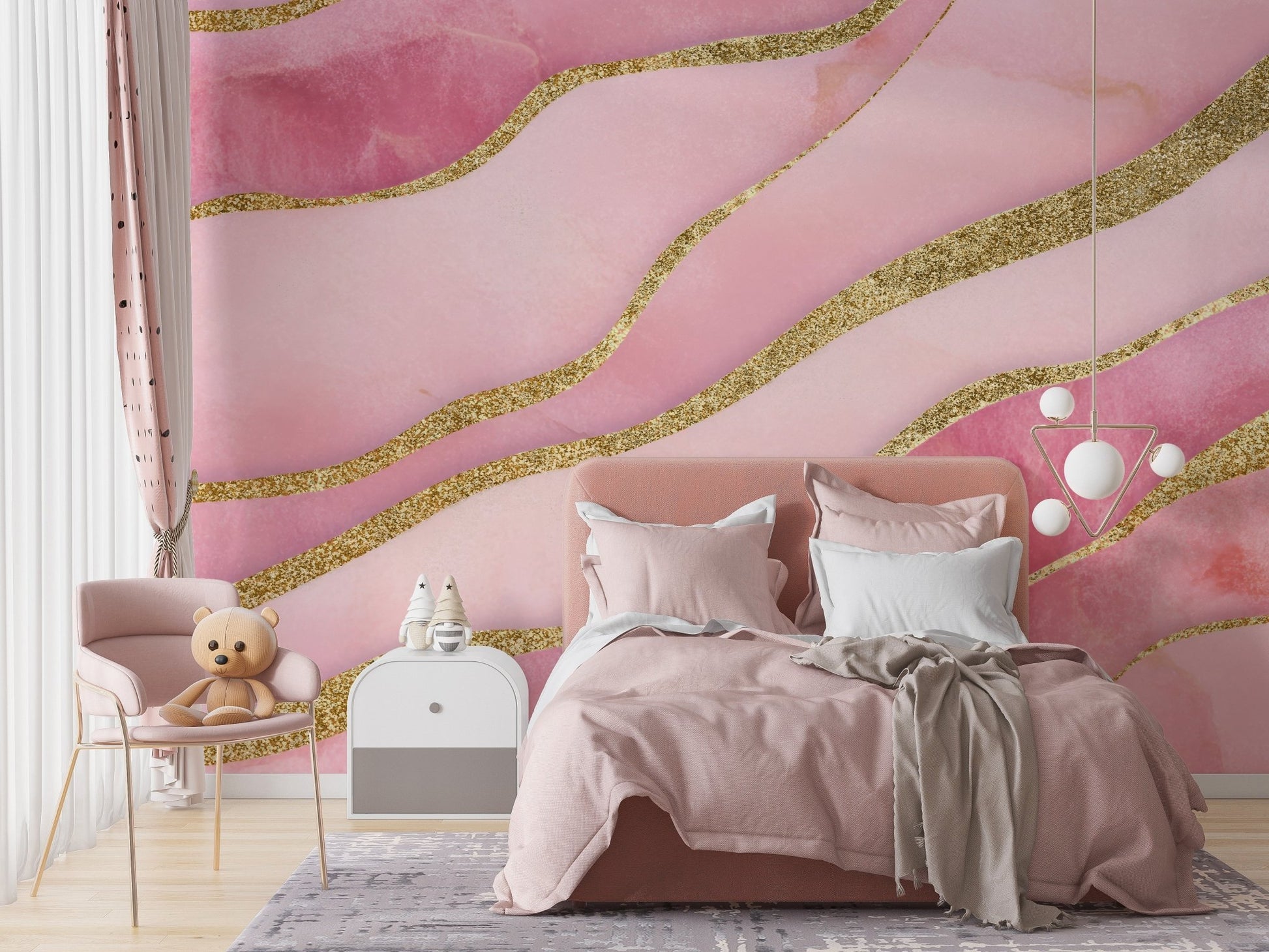 Fluid rose-toned wallpaper with luxurious golden streaks

