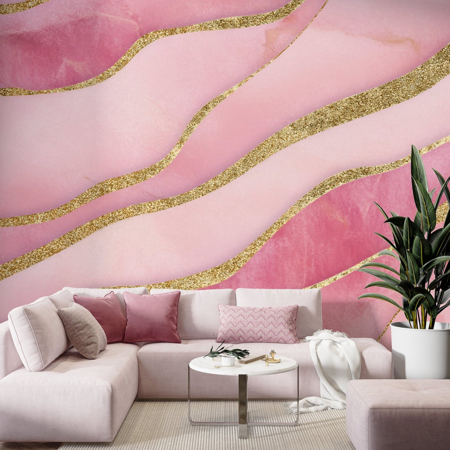 Decorative wallpaper with blush pink and golden waves

