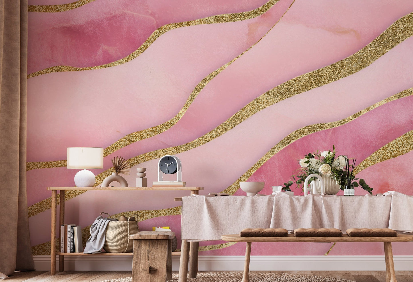 Pink marbled wallpaper with metallic gold wave details

