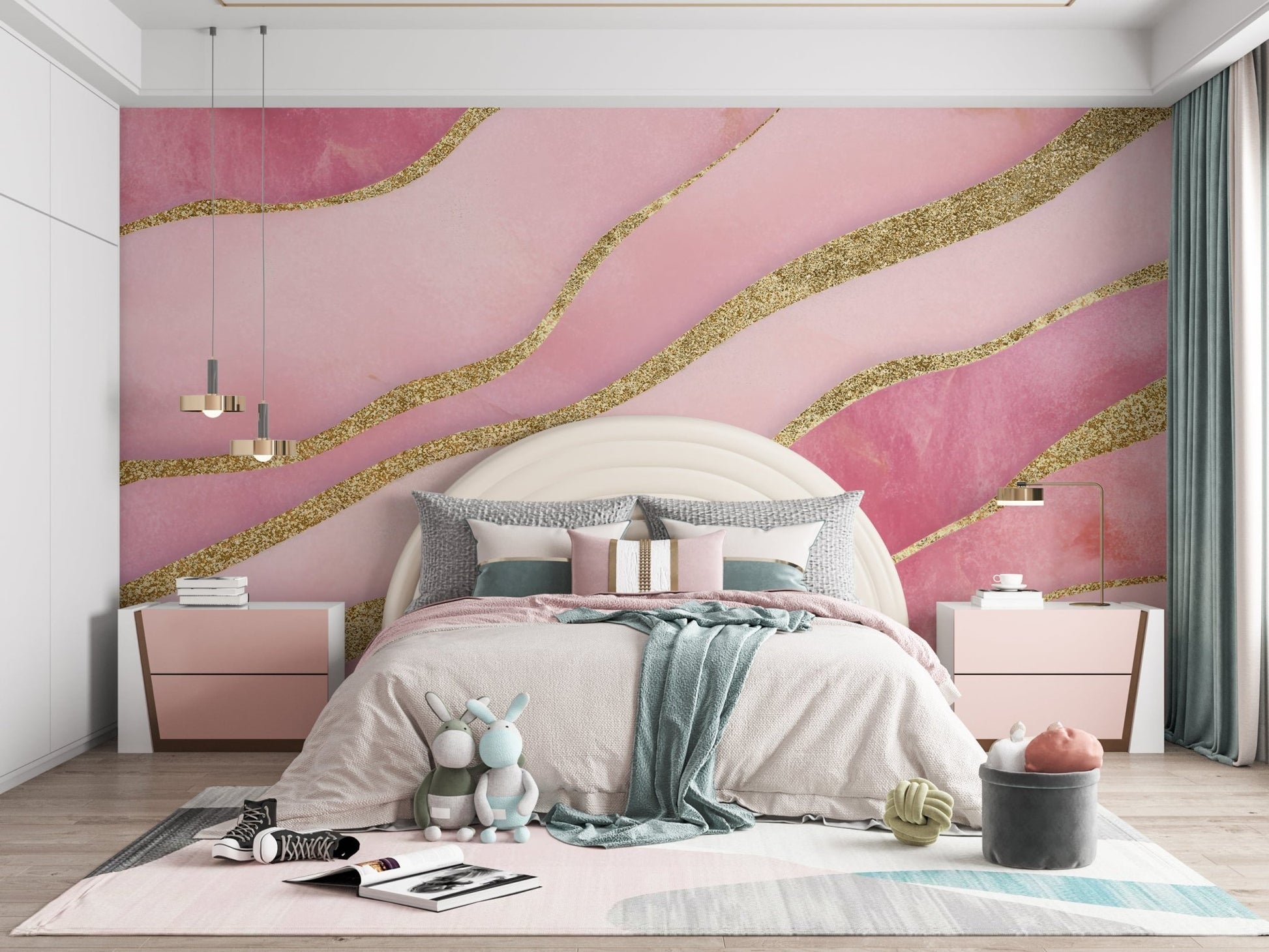Rose quartz inspired wallpaper with pink and gold wavy patterns

