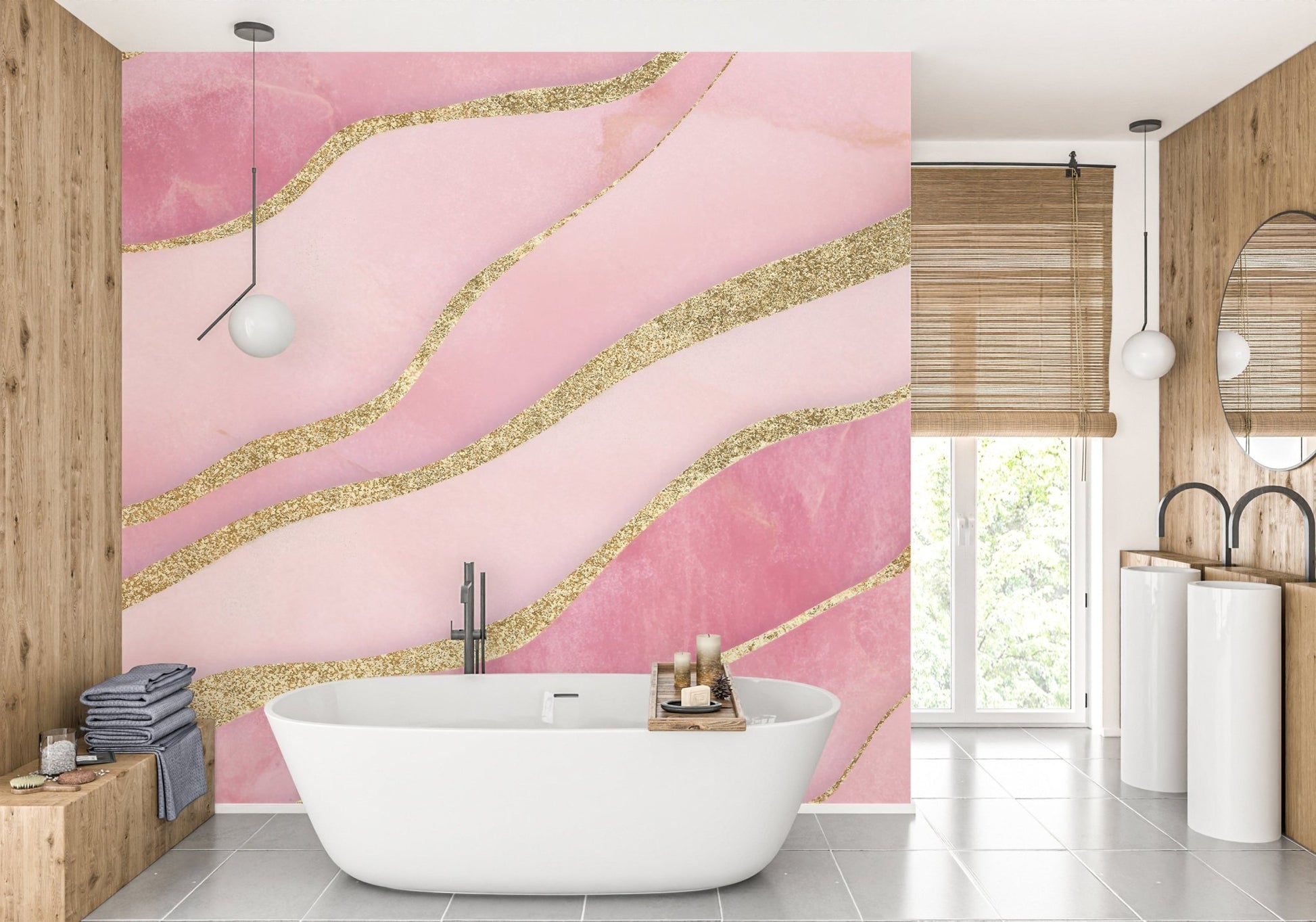 Soft pink and rose wallpaper with flowing golden rivers

