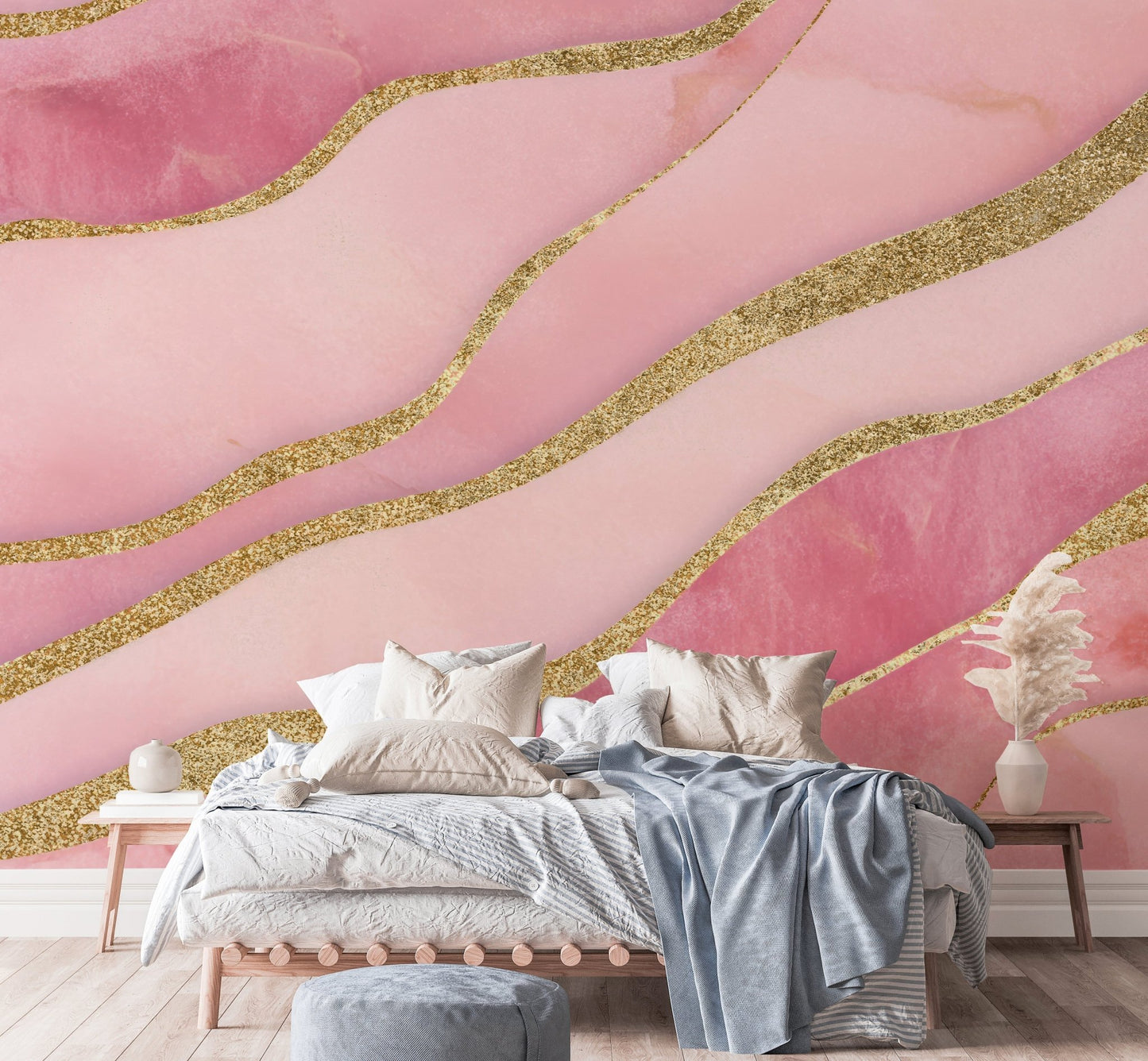Trendy pink abstract wallpaper with bold gold accents

