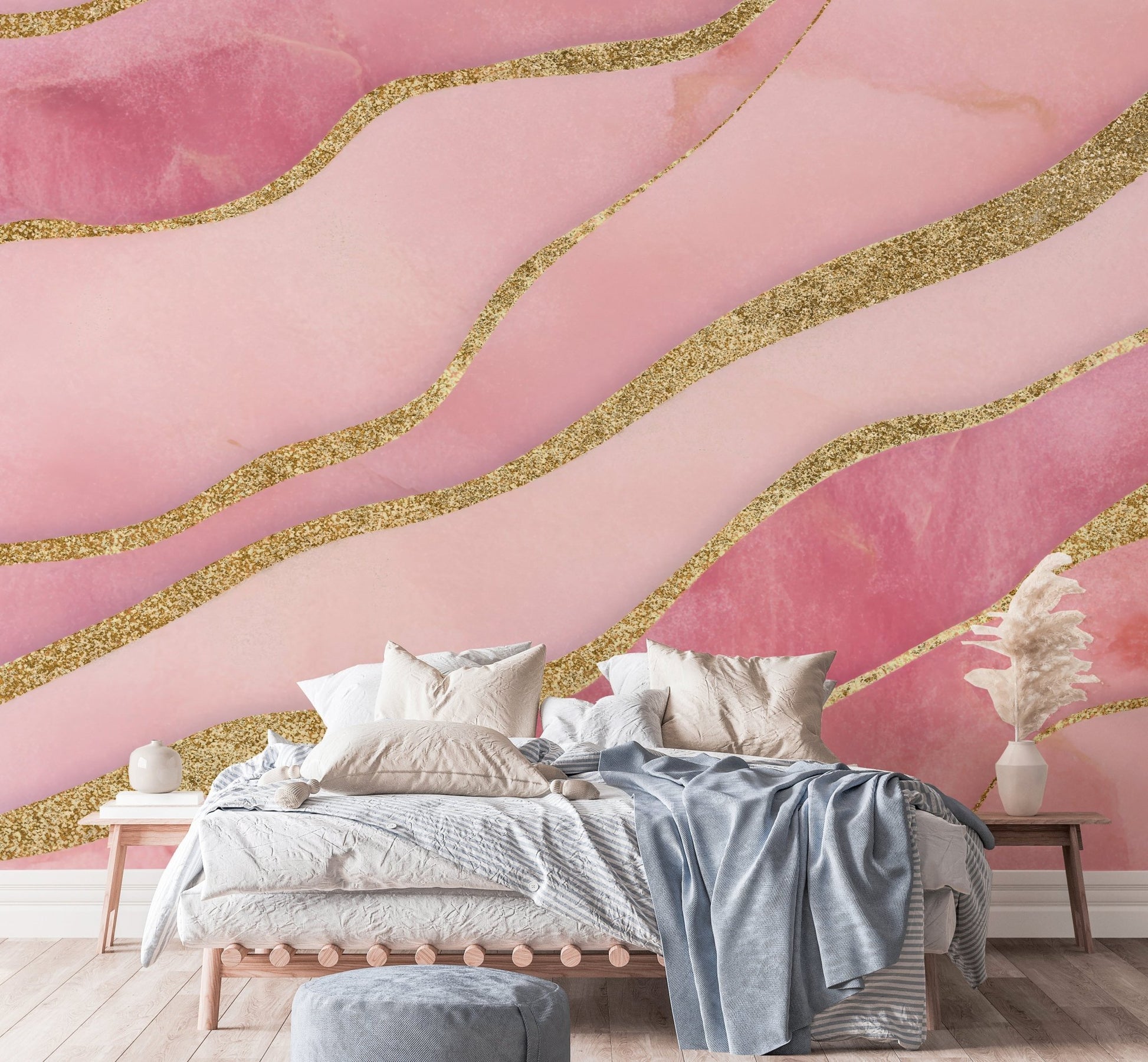 Trendy pink abstract wallpaper with bold gold accents

